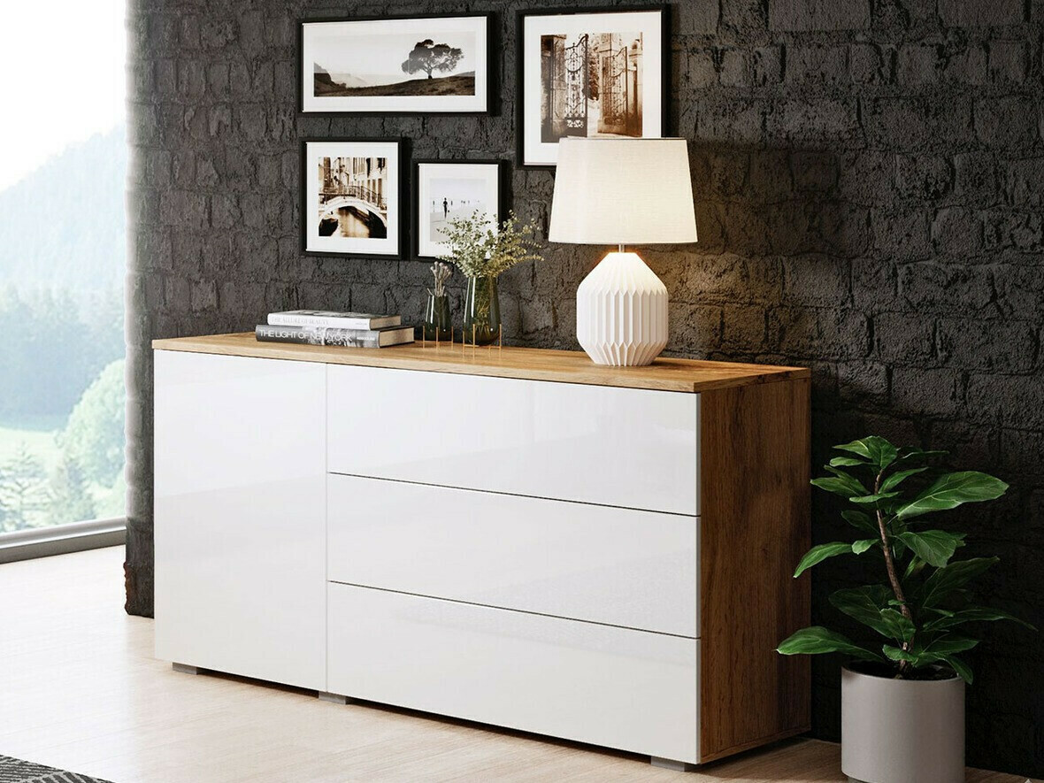 Chest of drawers Sarasota 128 (Wotan Oak + Glossy white)