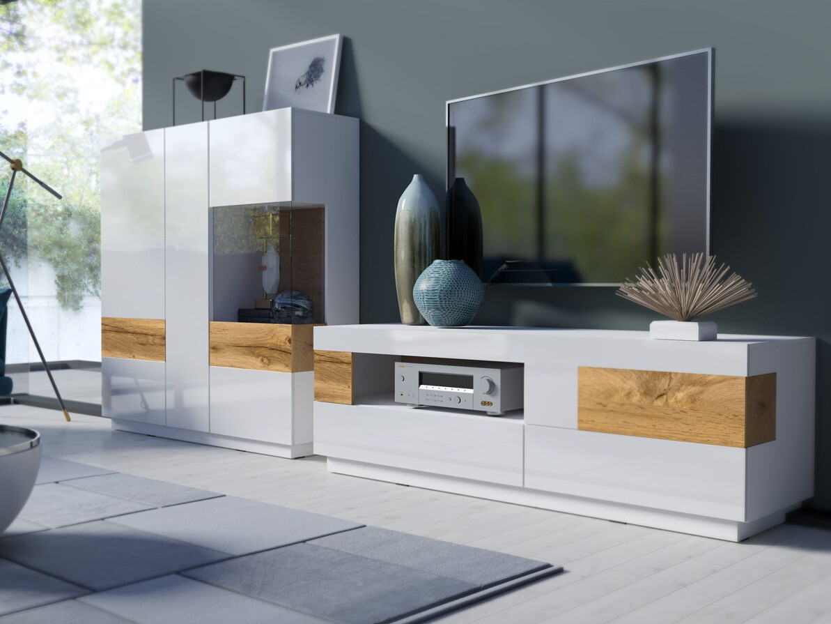 Living room set Livlore 110 (White + Glossy white + Wotan Oak)