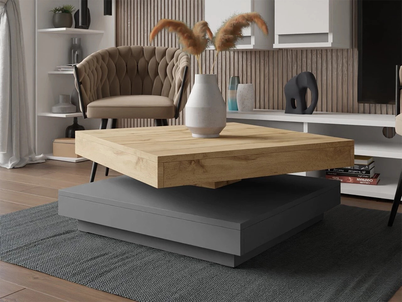 Transforming coffee table Comfivo Pisces (Graphite + Wotan Oak)