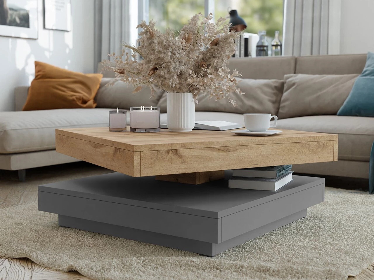 Transforming coffee table Comfivo Pisces (Graphite + Wotan Oak)