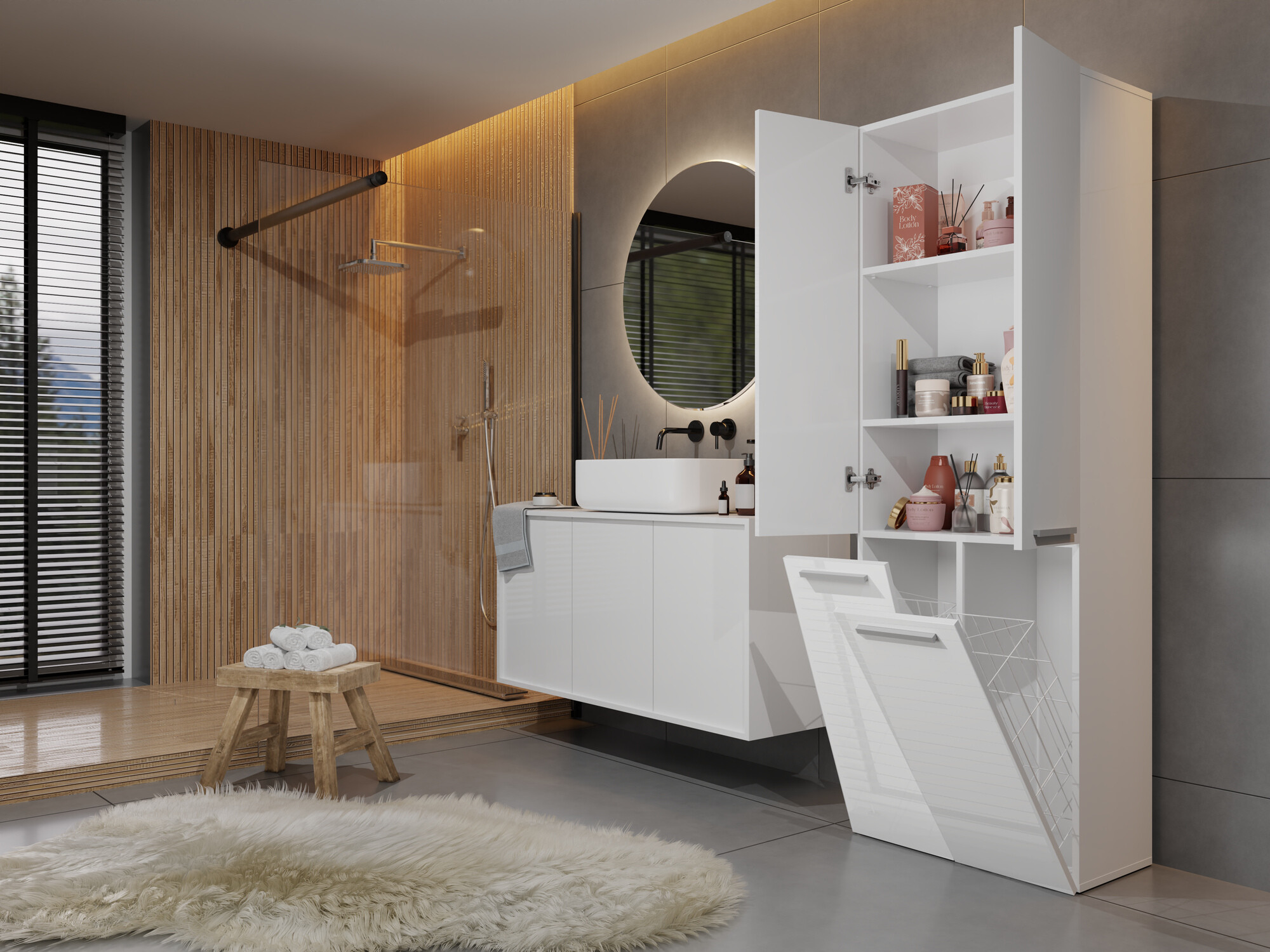 Standing bathroom cabinet Nolmaru 102 (White + Glossy white)