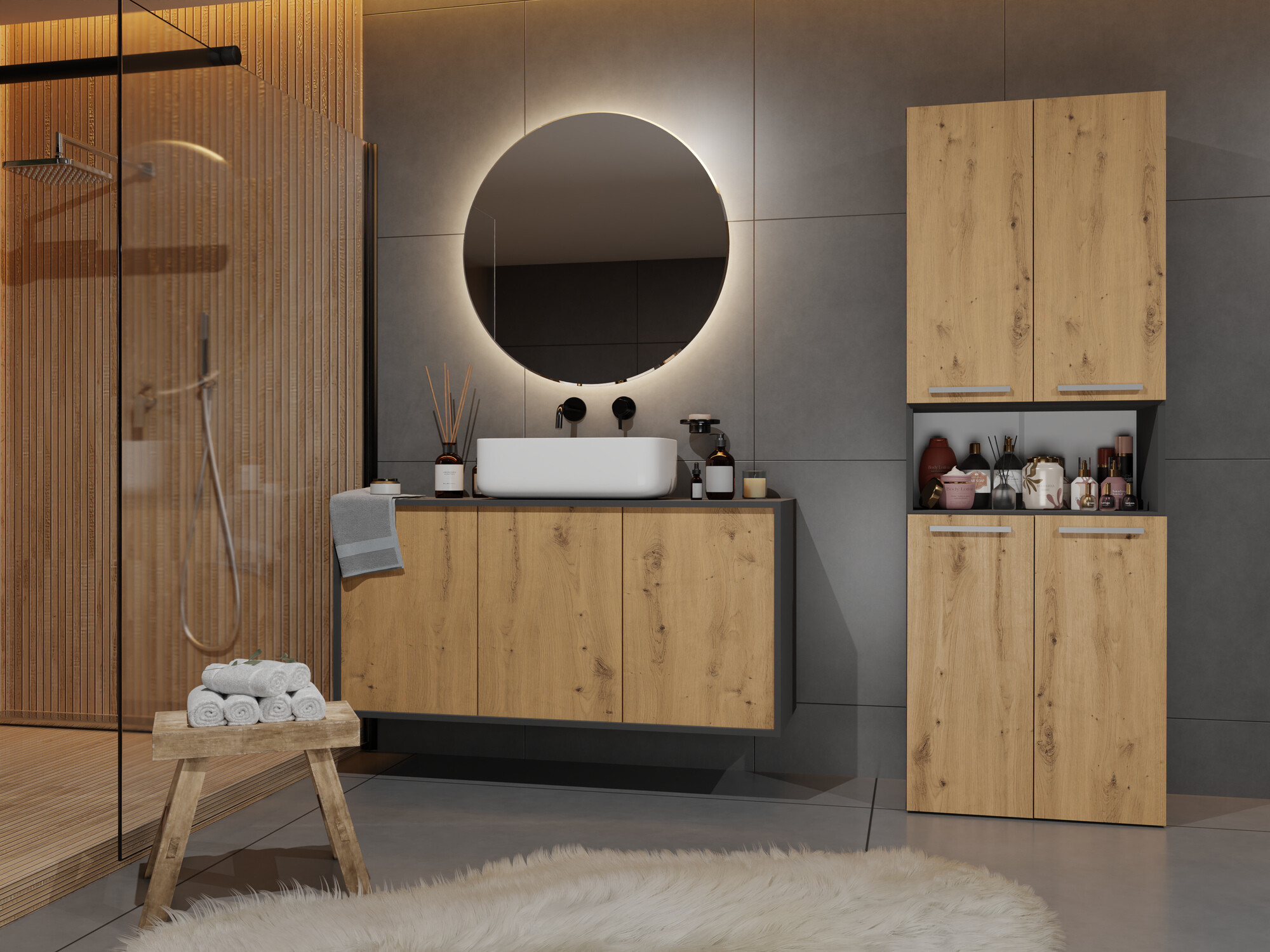 Standing bathroom cabinet Nolmaru 103 (Anthracite + Artisan oak)