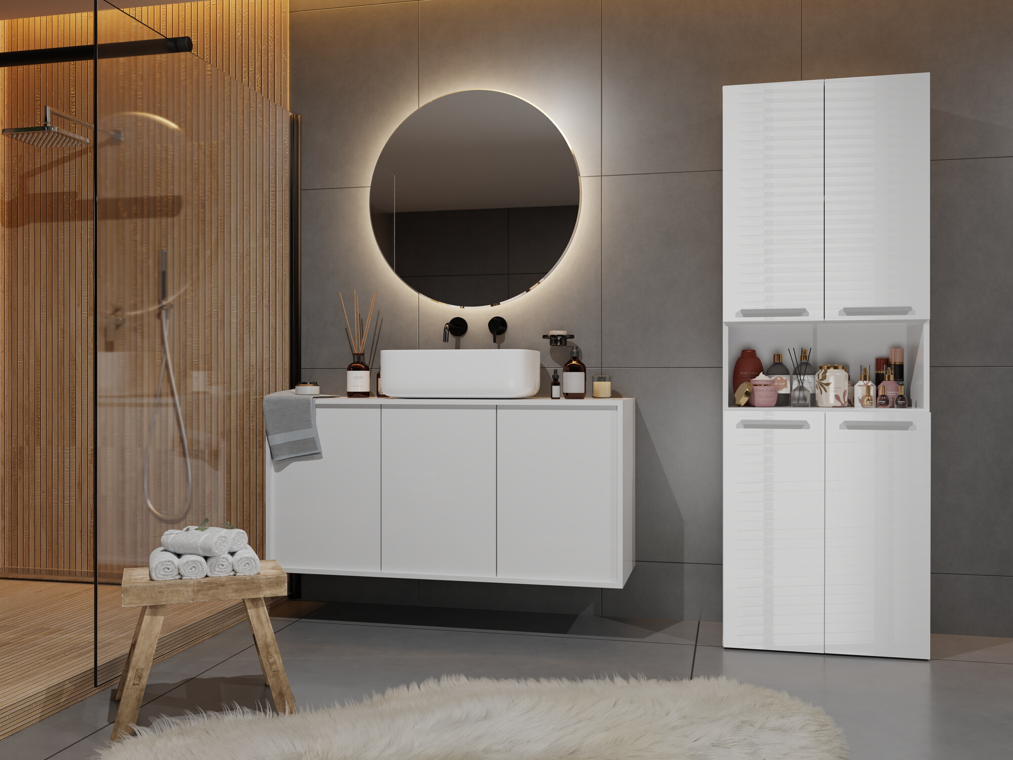 Standing bathroom cabinet Nolmaru 103 (White + Glossy white)