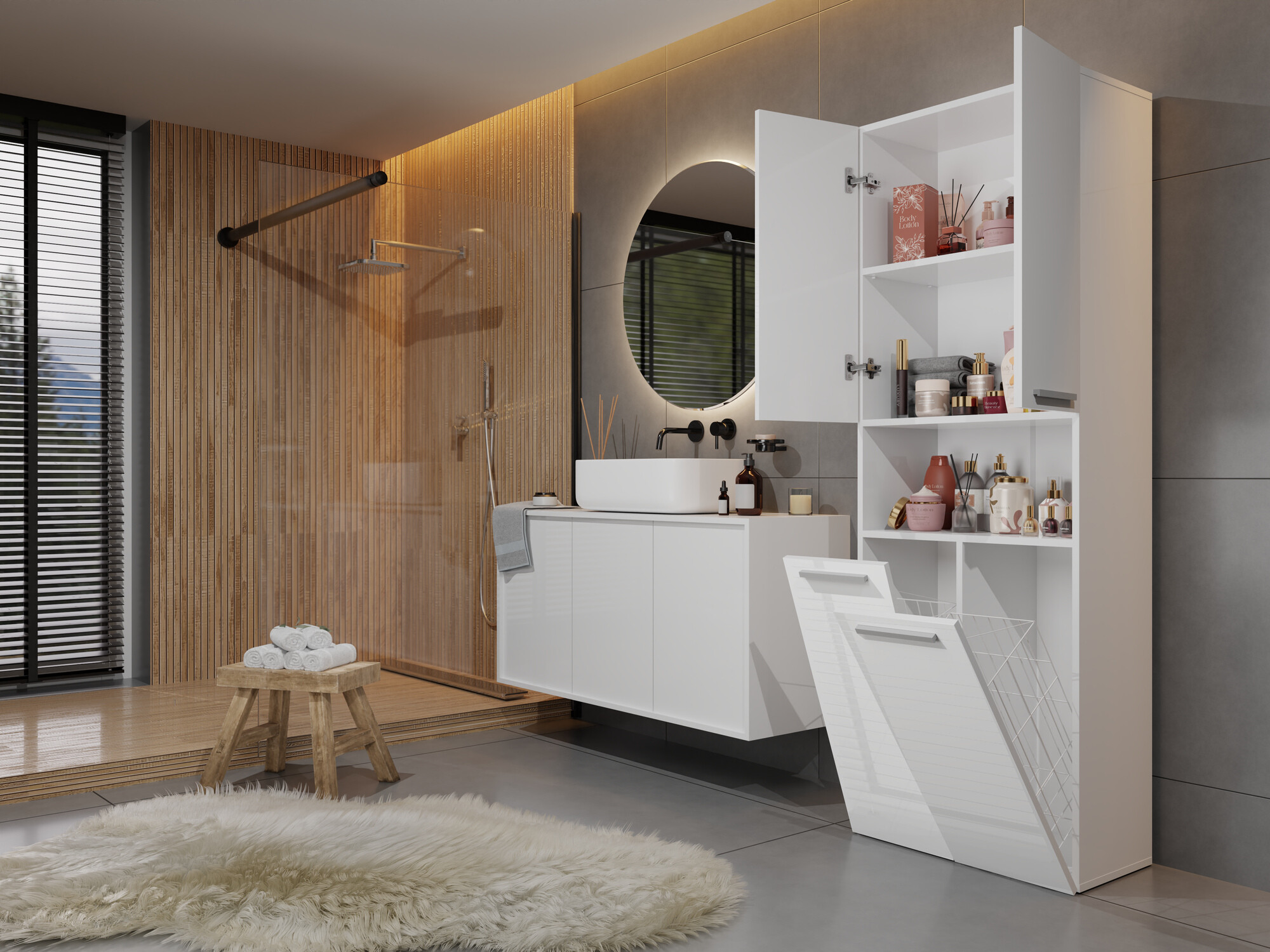 Standing bathroom cabinet Nolmaru 103 (White + Glossy white)