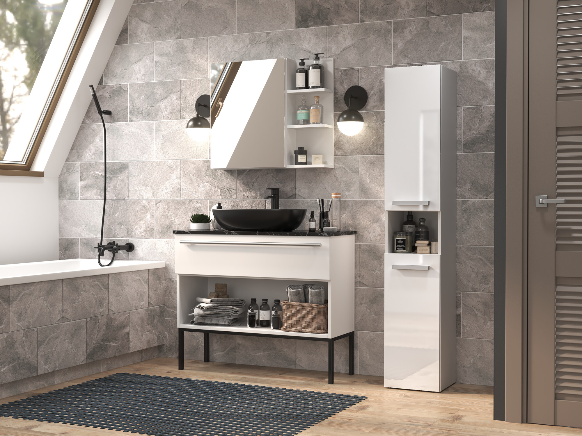 Standing bathroom cabinet Nolmaru 104 (White + Glossy white)
