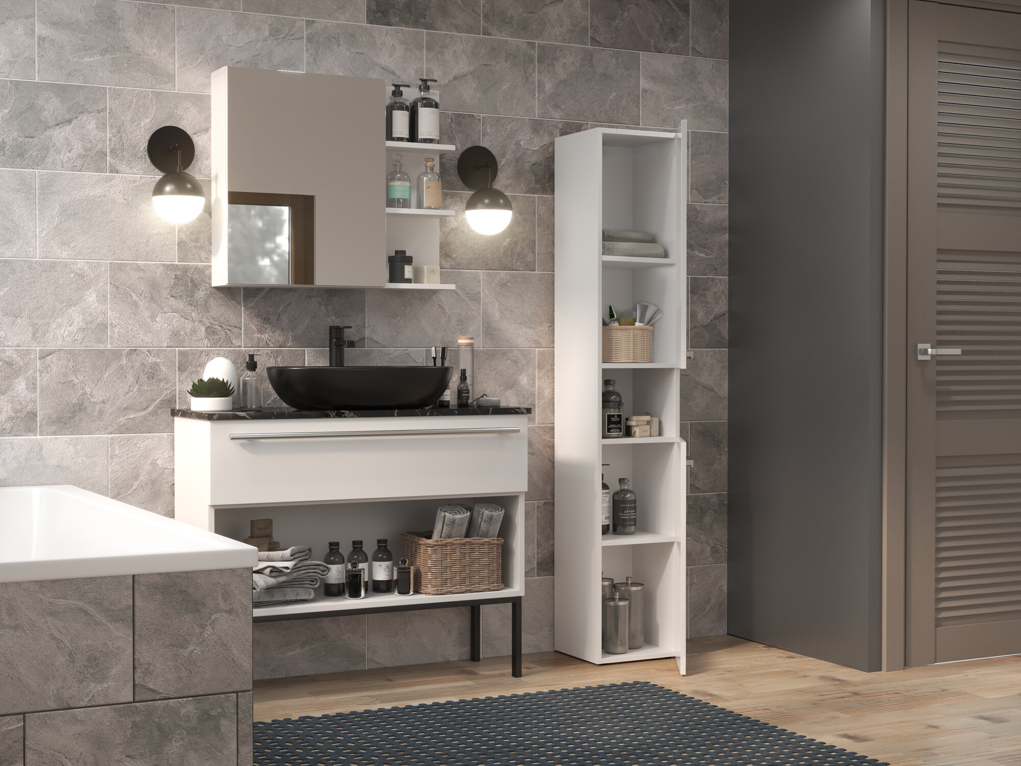Standing bathroom cabinet Nolmaru 104 (White + Glossy white)