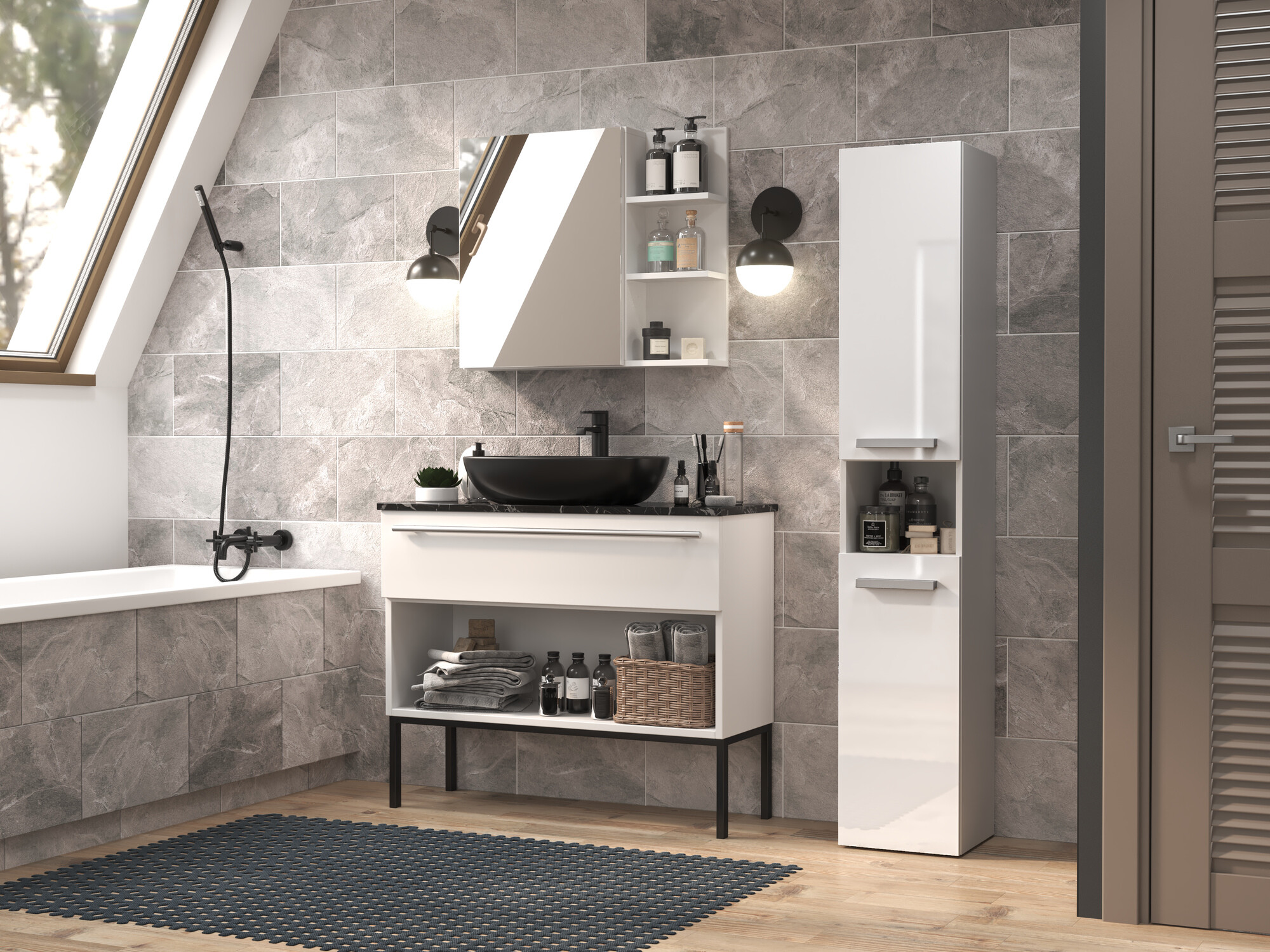 Standing bathroom cabinet Nolmaru 106 (White + Glossy white)