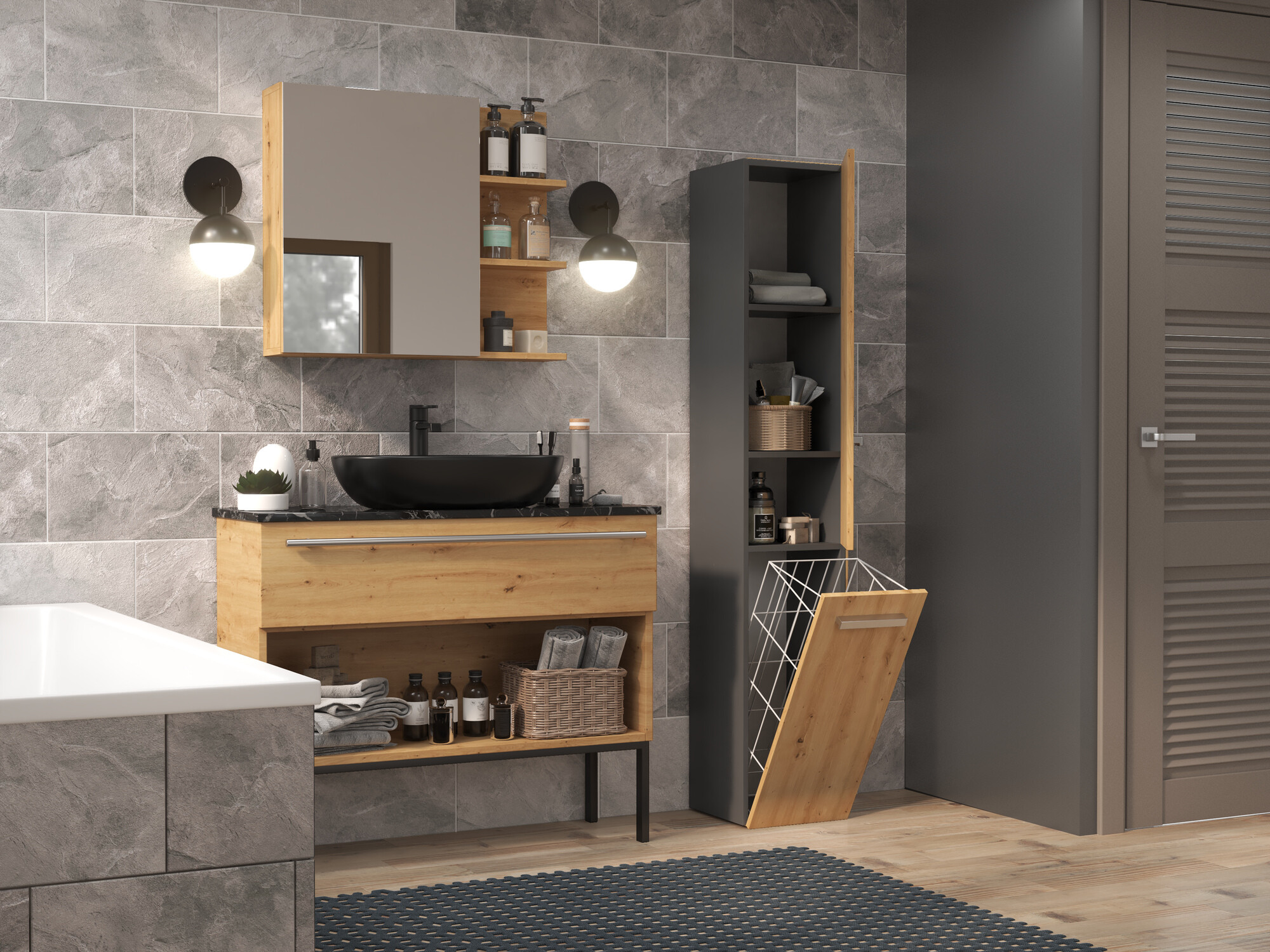 Standing bathroom cabinet Nolmaru 107 (Anthracite + Artisan oak)