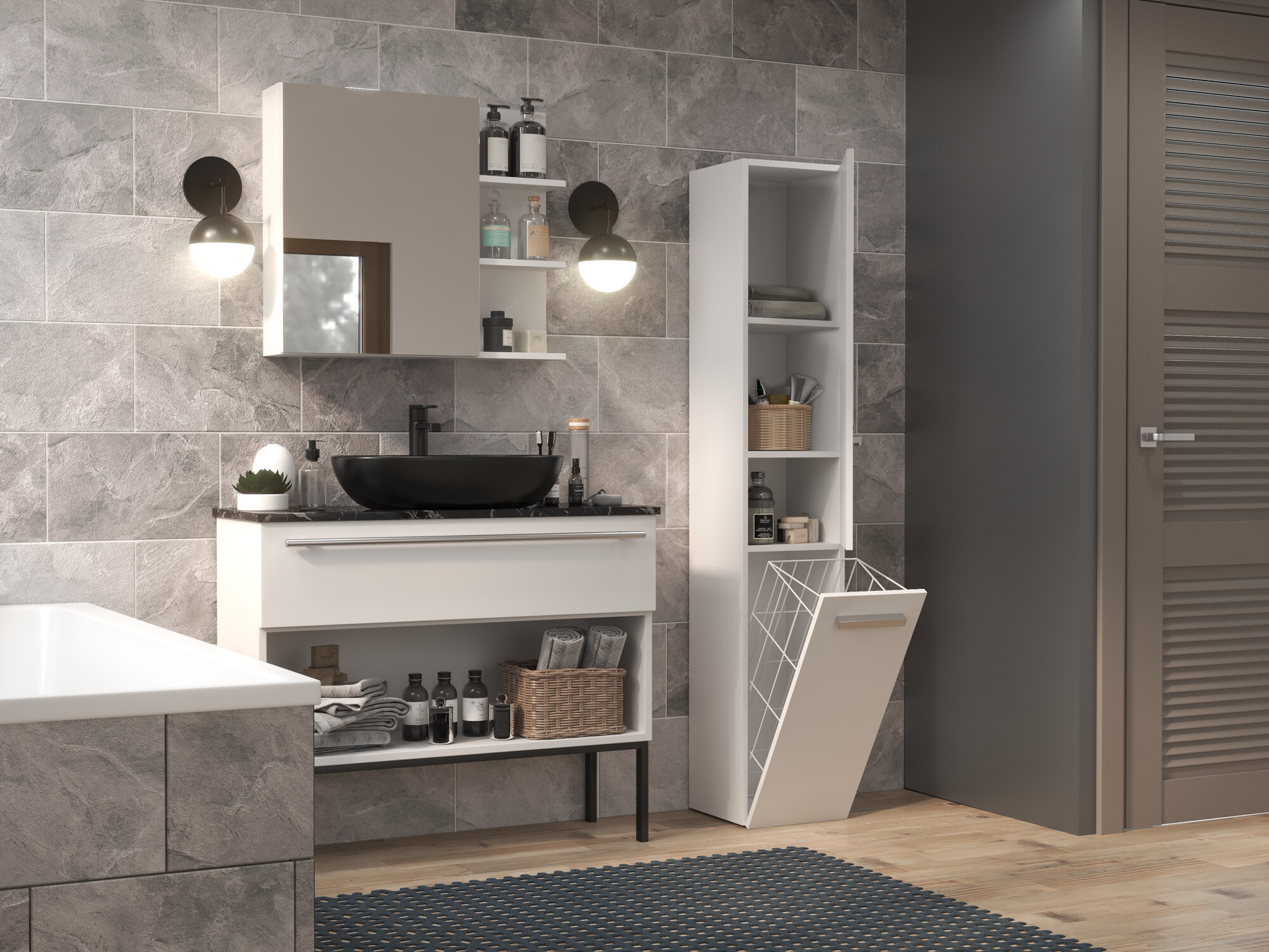 Standing bathroom cabinet Nolmaru 107 (White + Glossy white)