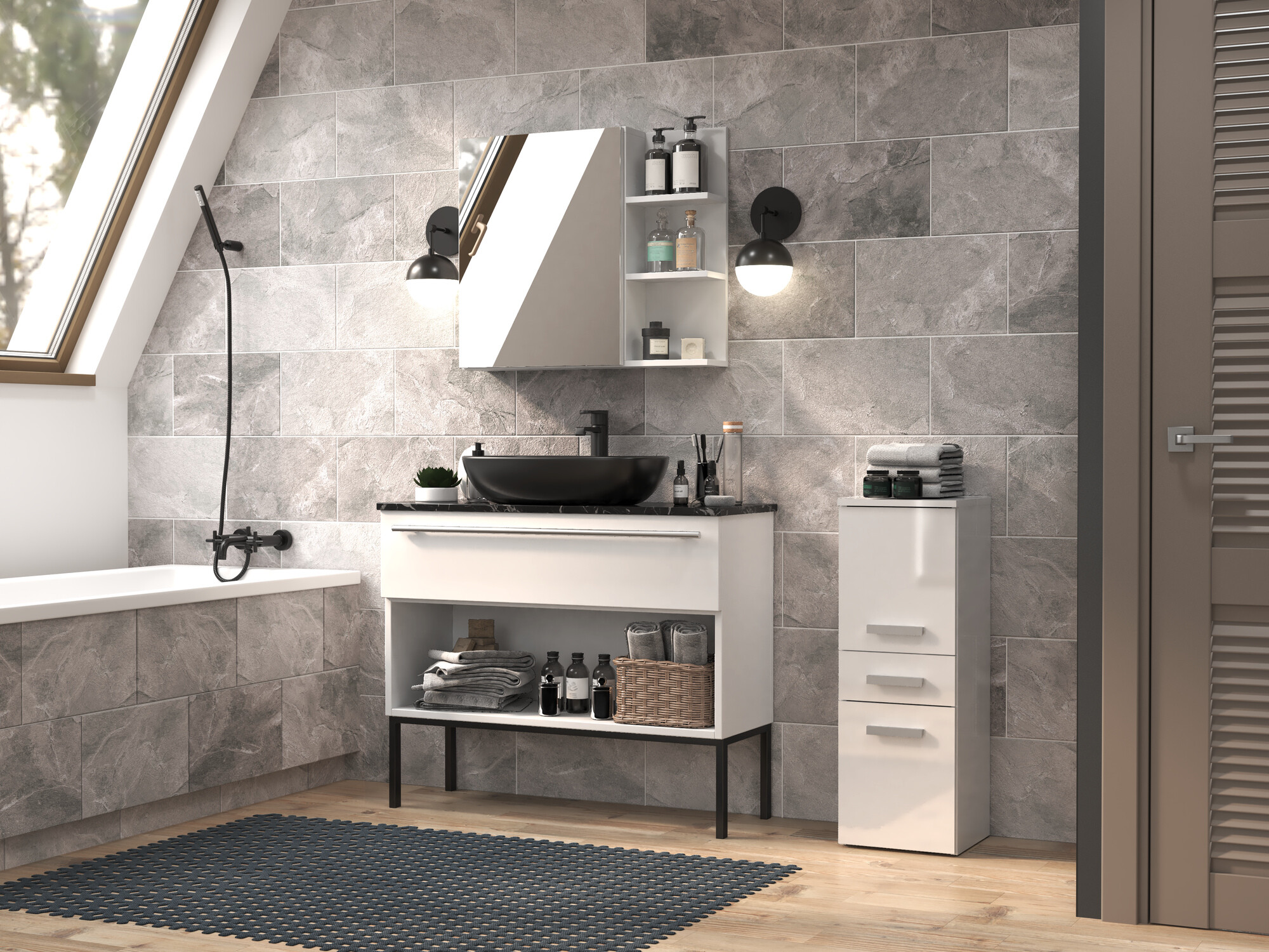 Standing bathroom cabinet Nolmaru 108 (White + Glossy white)