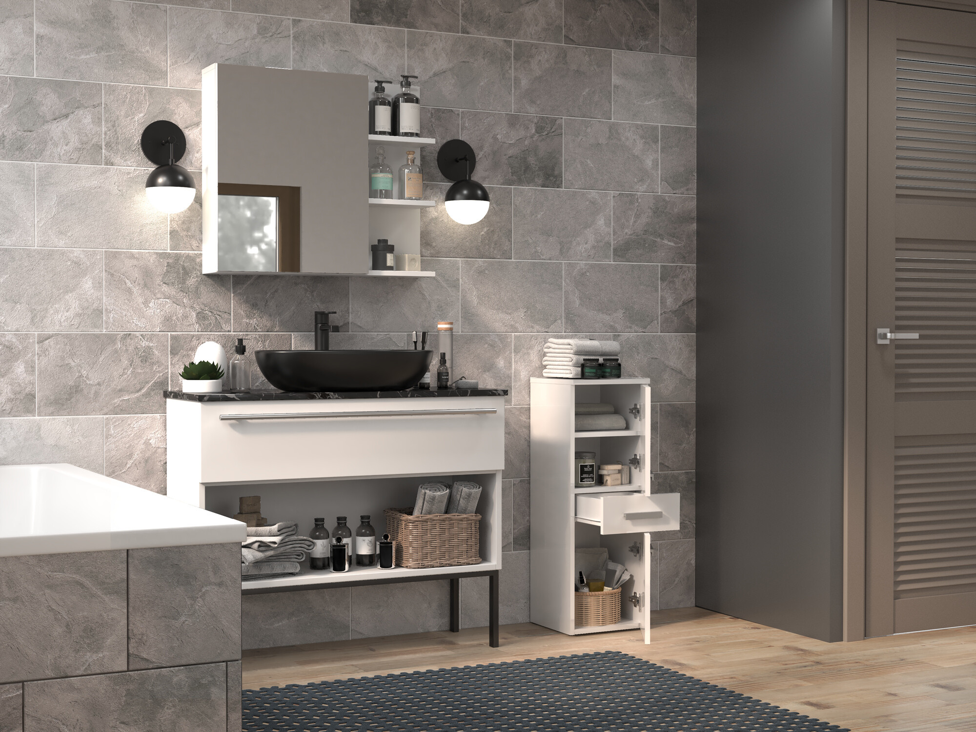 Standing bathroom cabinet Nolmaru 108 (White + Glossy white)