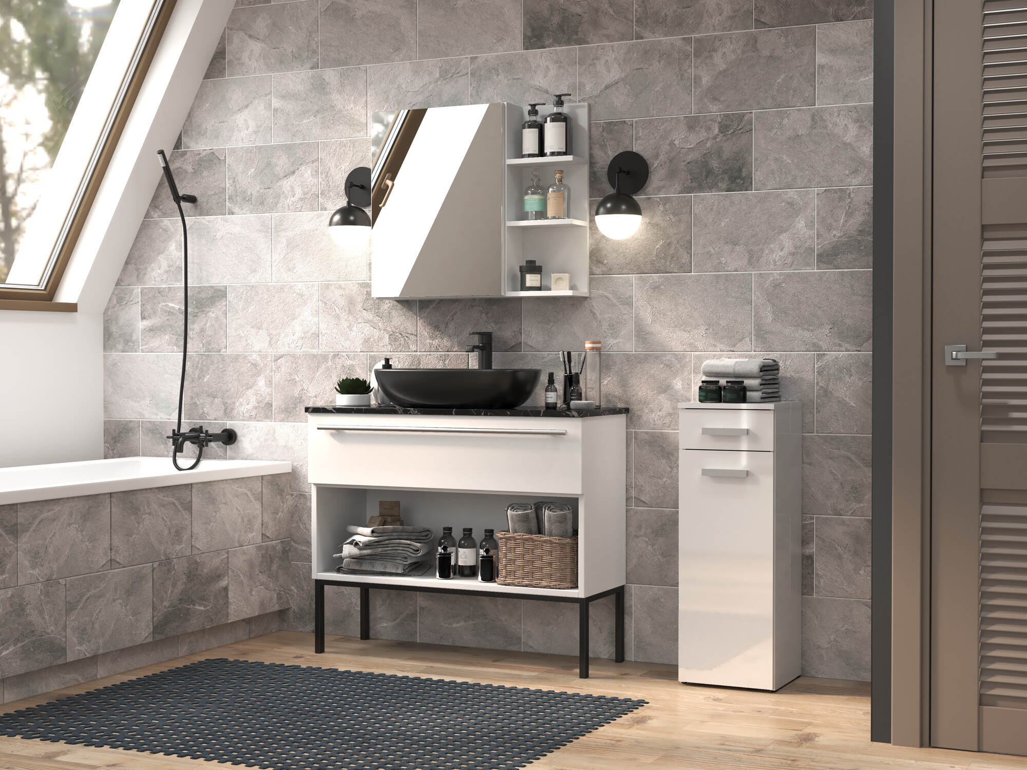 Standing bathroom cabinet Nolmaru 109 (White + Glossy white)