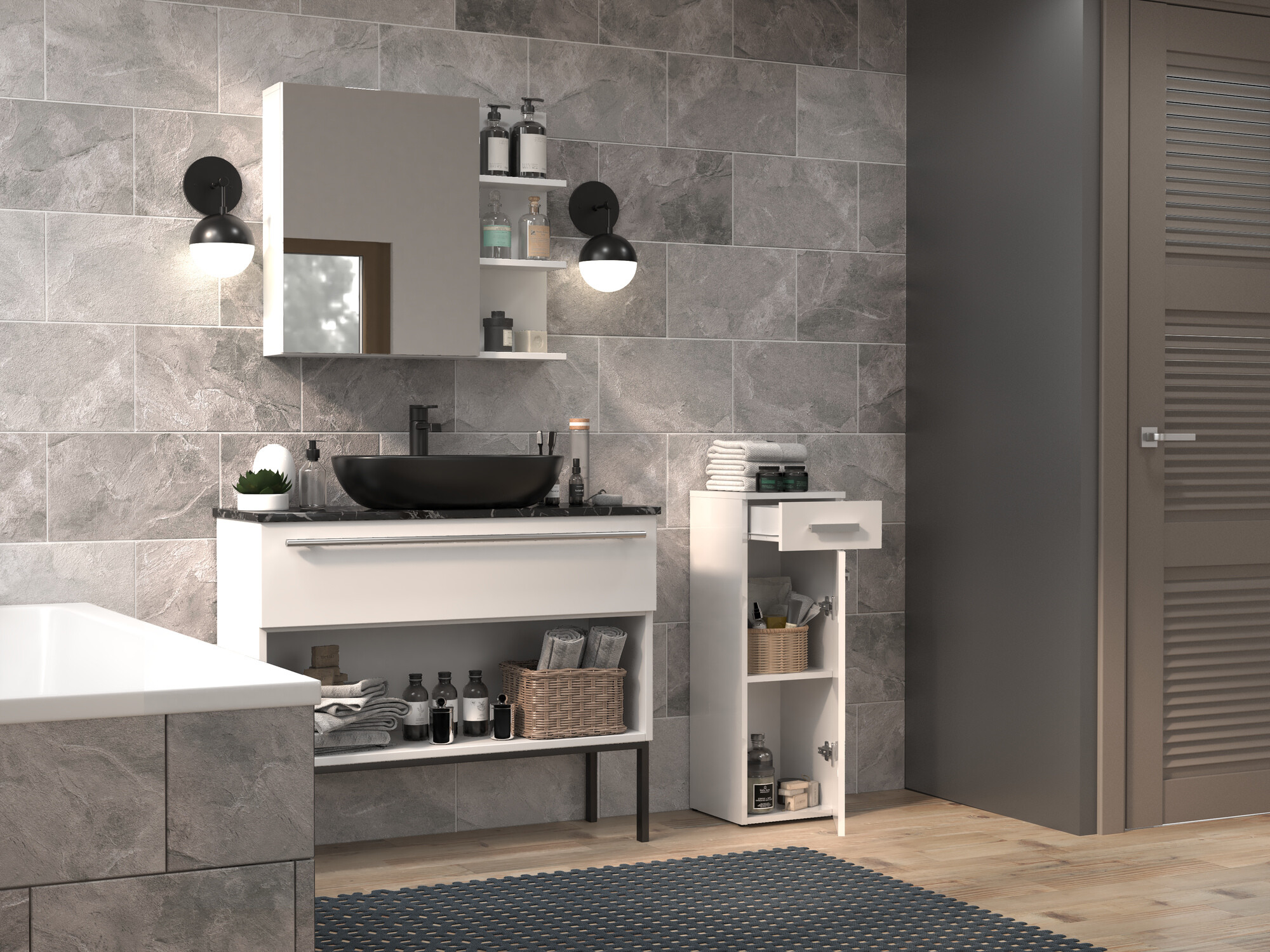 Standing bathroom cabinet Nolmaru 109 (White + Glossy white)