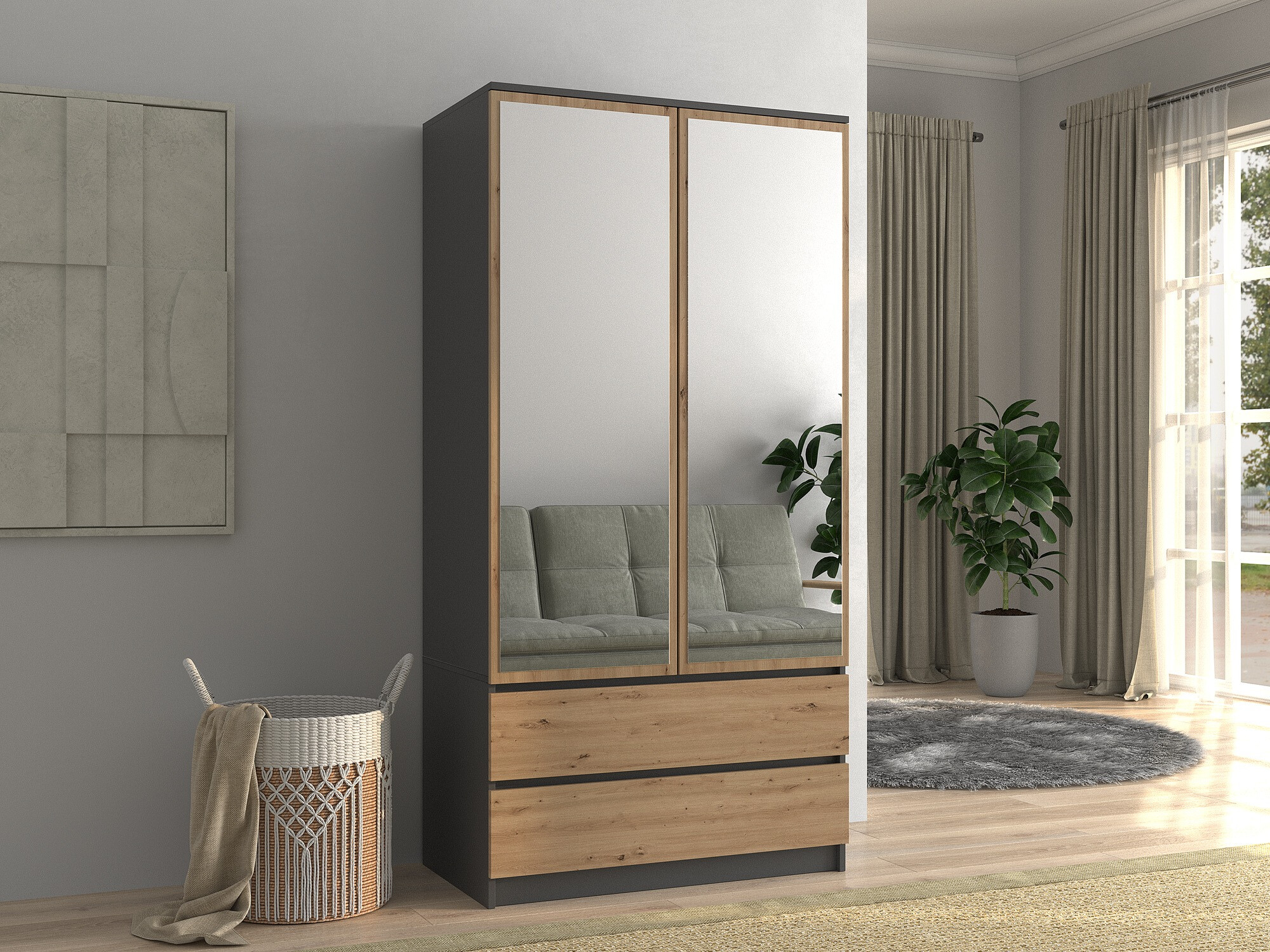 Wardrobe Elbvelu 116 (Anthracite + Artisan oak)