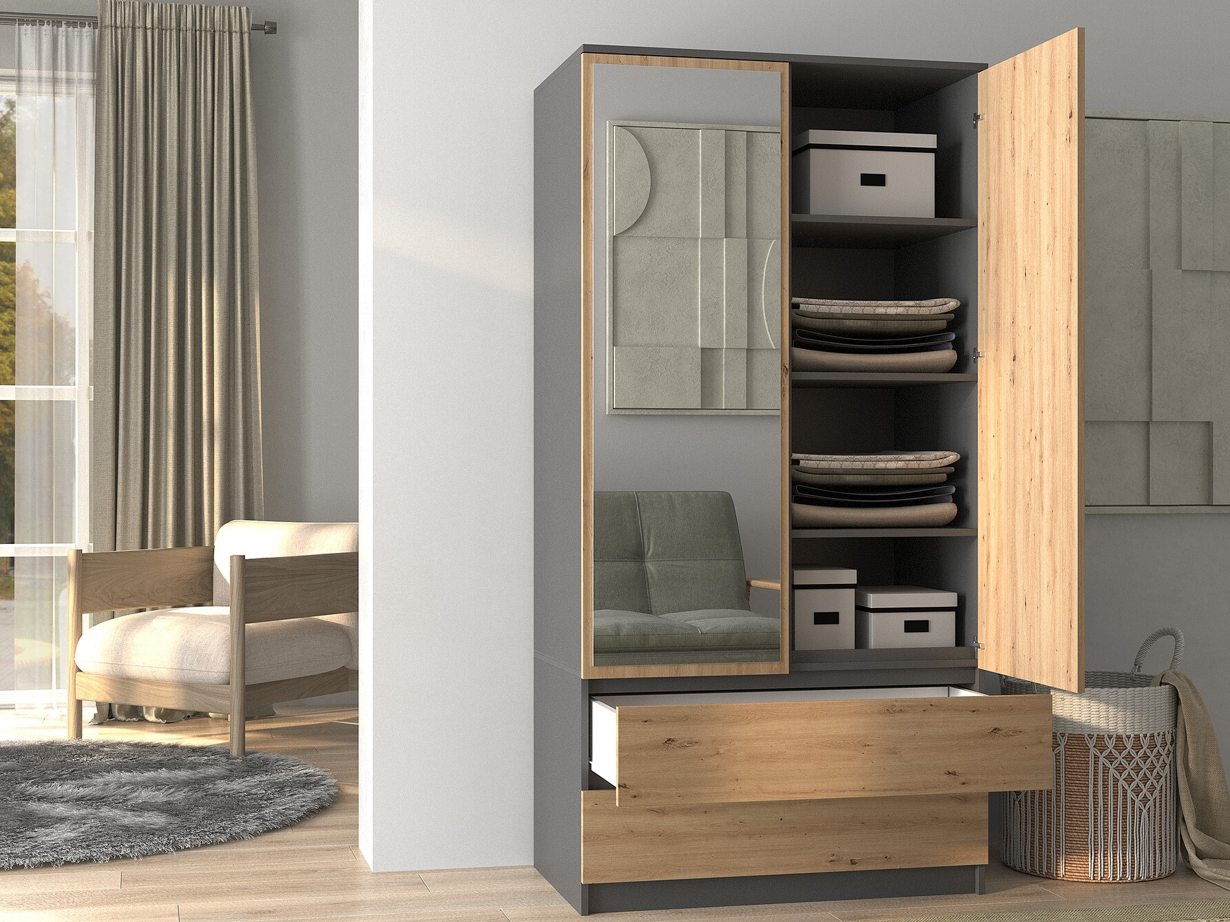 Wardrobe Elbvelu 116 (Anthracite + Artisan oak)