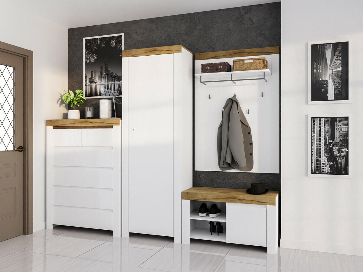 Shoe cabinet Sonsoru 118 (White + Glossy white + Wotan Oak)