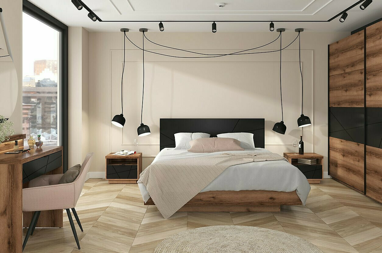 Bedside table Fivale 115 (Dark Delano oak + Matte black)