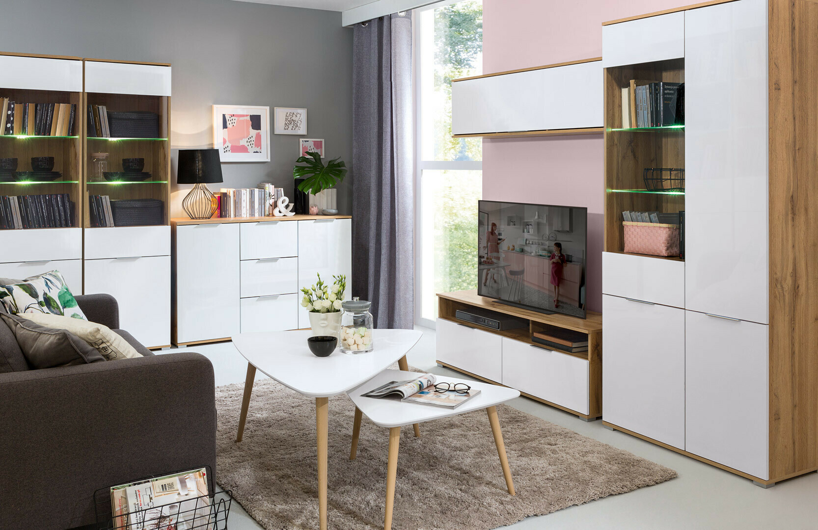 Bookcase Tivetra 106 (Wotan Oak + Glossy white)