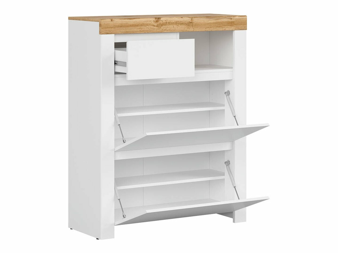 Shoe cabinet Sonsoru 119 (White + Glossy white + Wotan Oak)