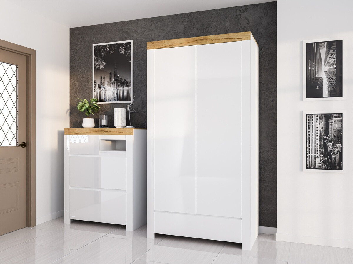Shoe cabinet Sonsoru 119 (White + Glossy white + Wotan Oak)