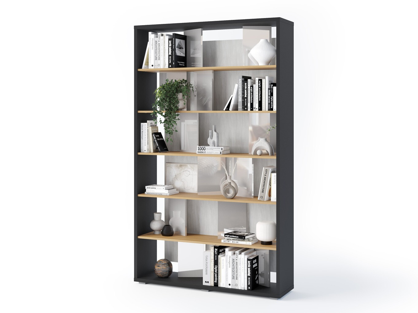 Bookcase Fresno 154 (Glossy grey + Graphite + Oak)
