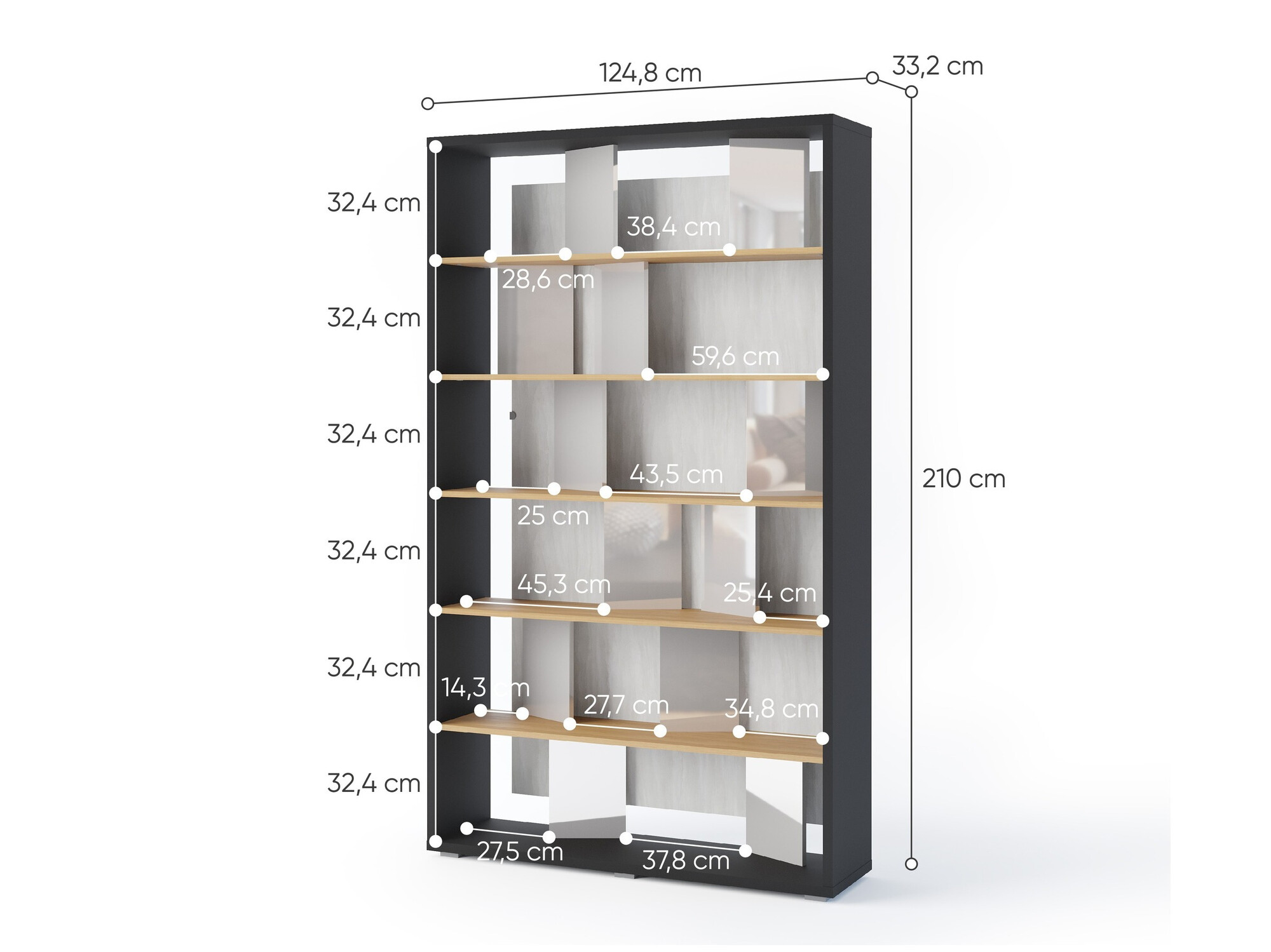Bookcase Fresno 154 (Glossy grey + Graphite + Oak)