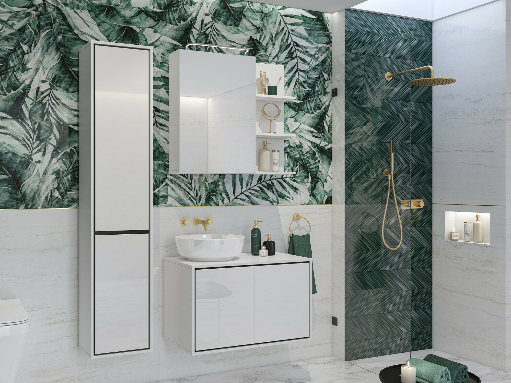 Wall-mounted bathroom cabinet Tecavu 100 (Glossy white + White)