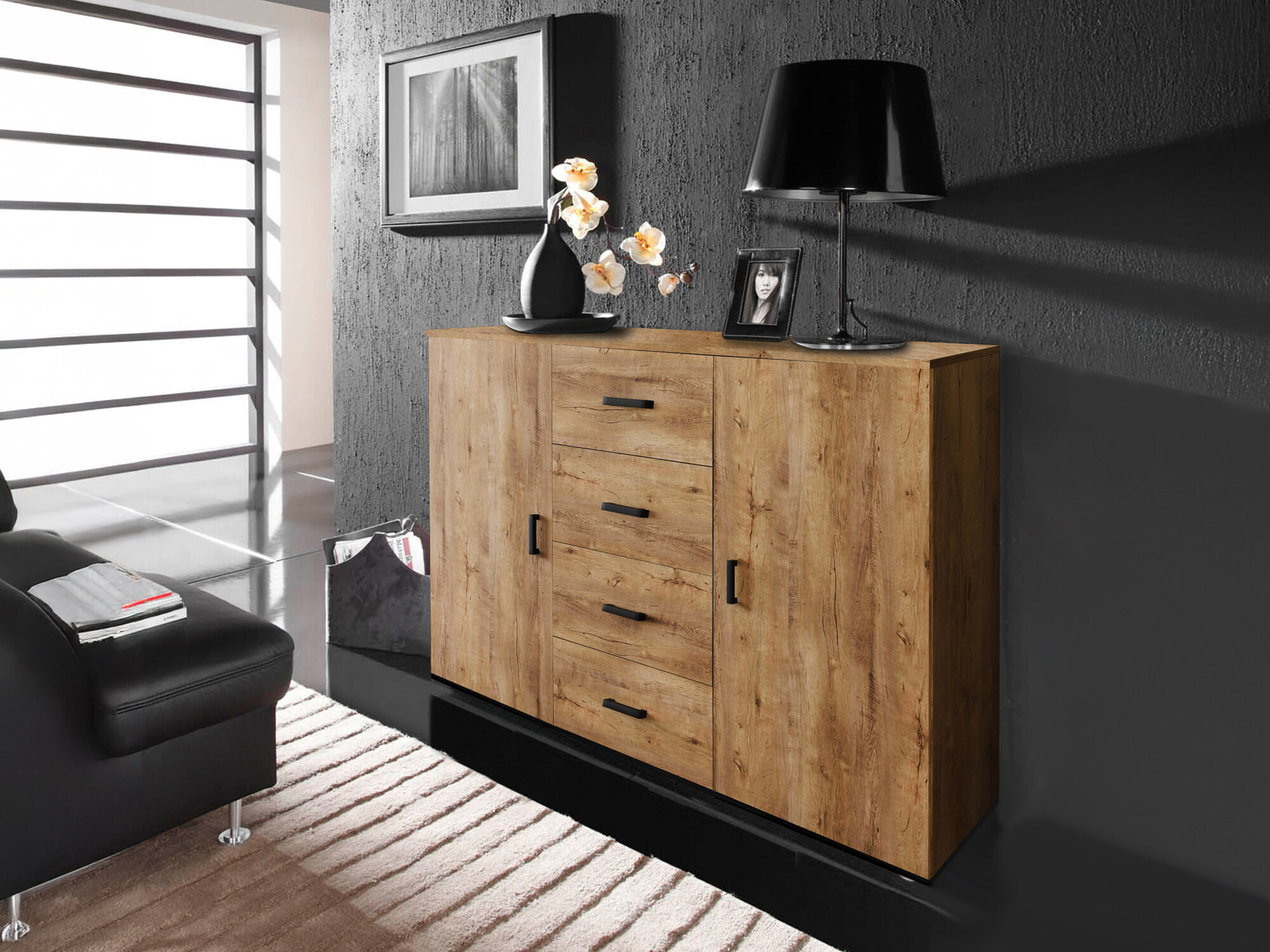 Chest of drawers Charlotte 118 (Lefkas oak + Black)