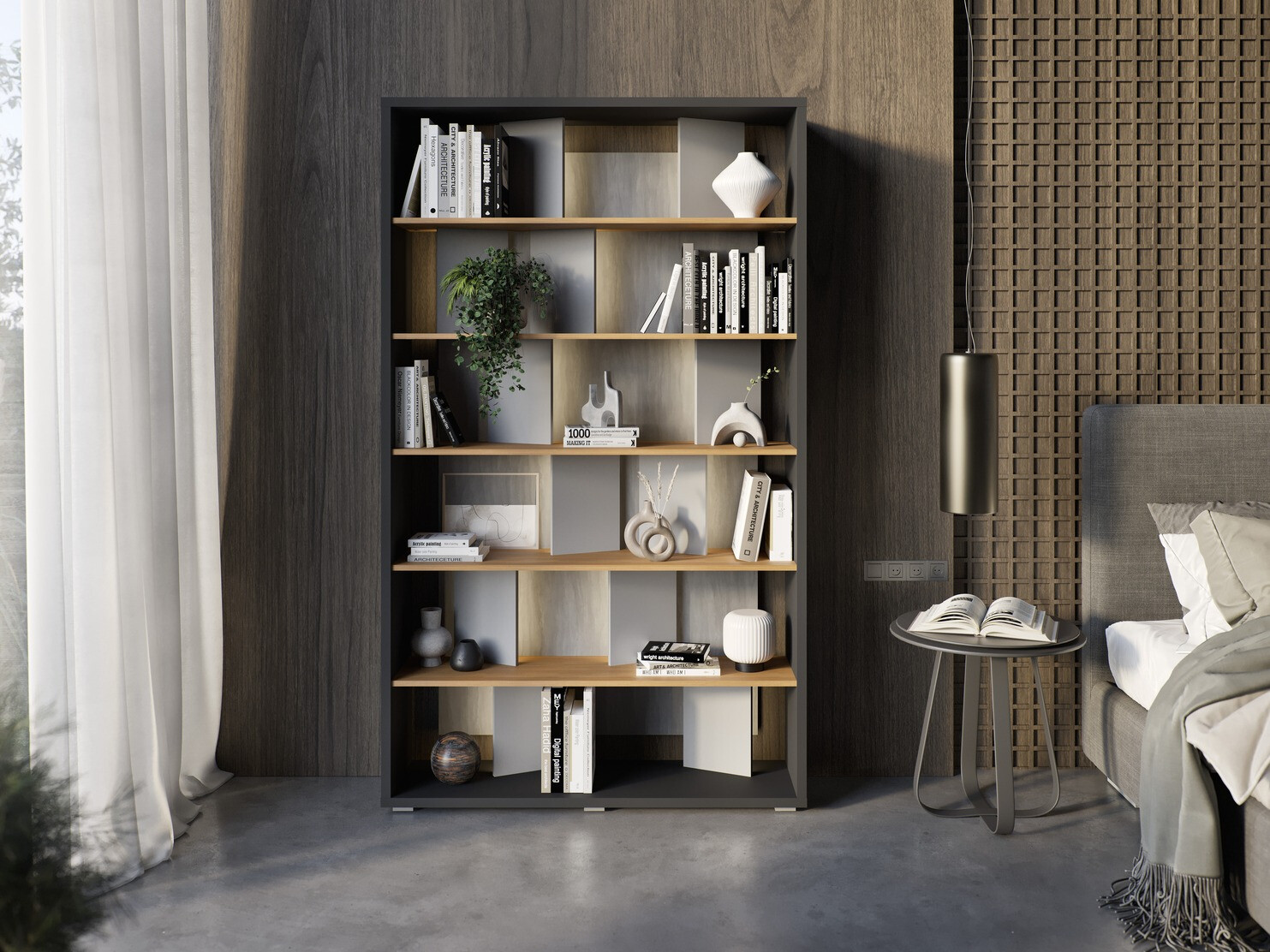 Bookcase Fresno 154 (Grey + Graphite + Oak)