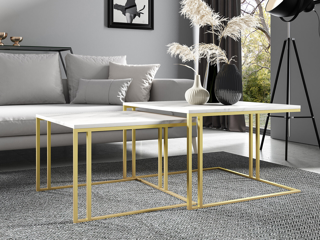 Nest of coffee tables Oswego 110 (White marble + Golden)