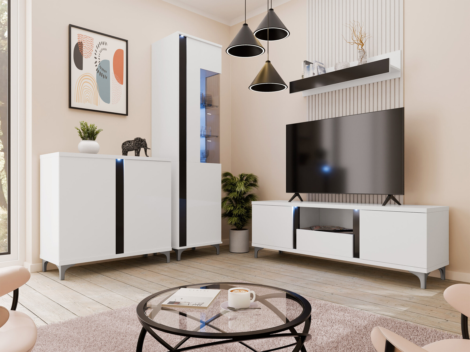 Sideboard Florem II (White + Glossy white + Glossy black)