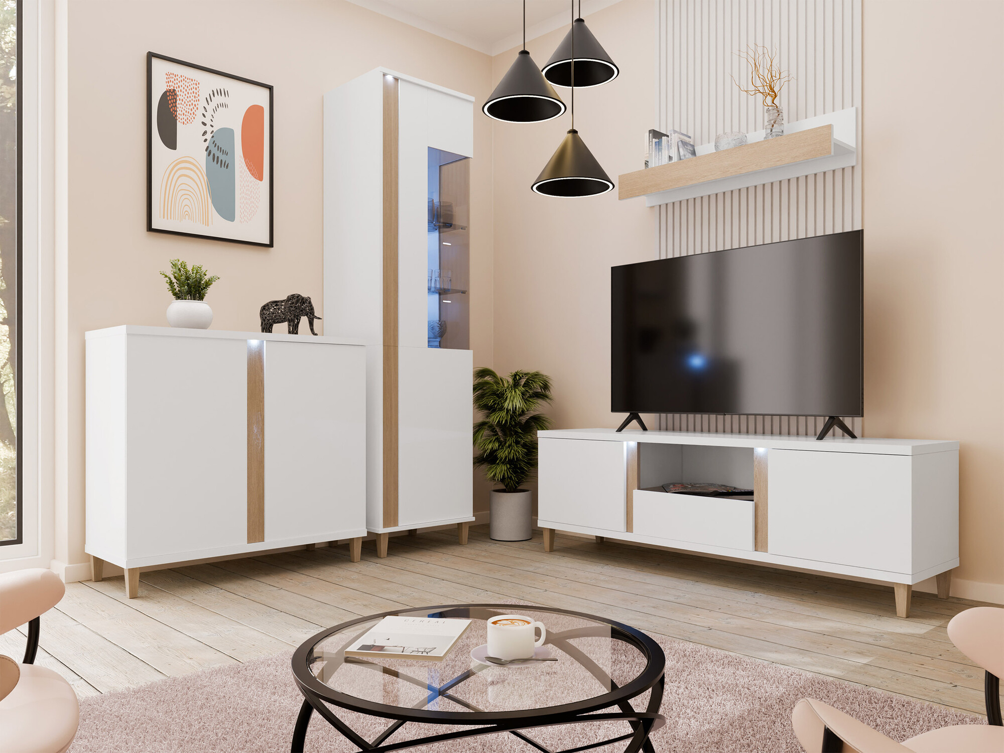 Wall shelf Florem (White + Glossy white + Light wood)