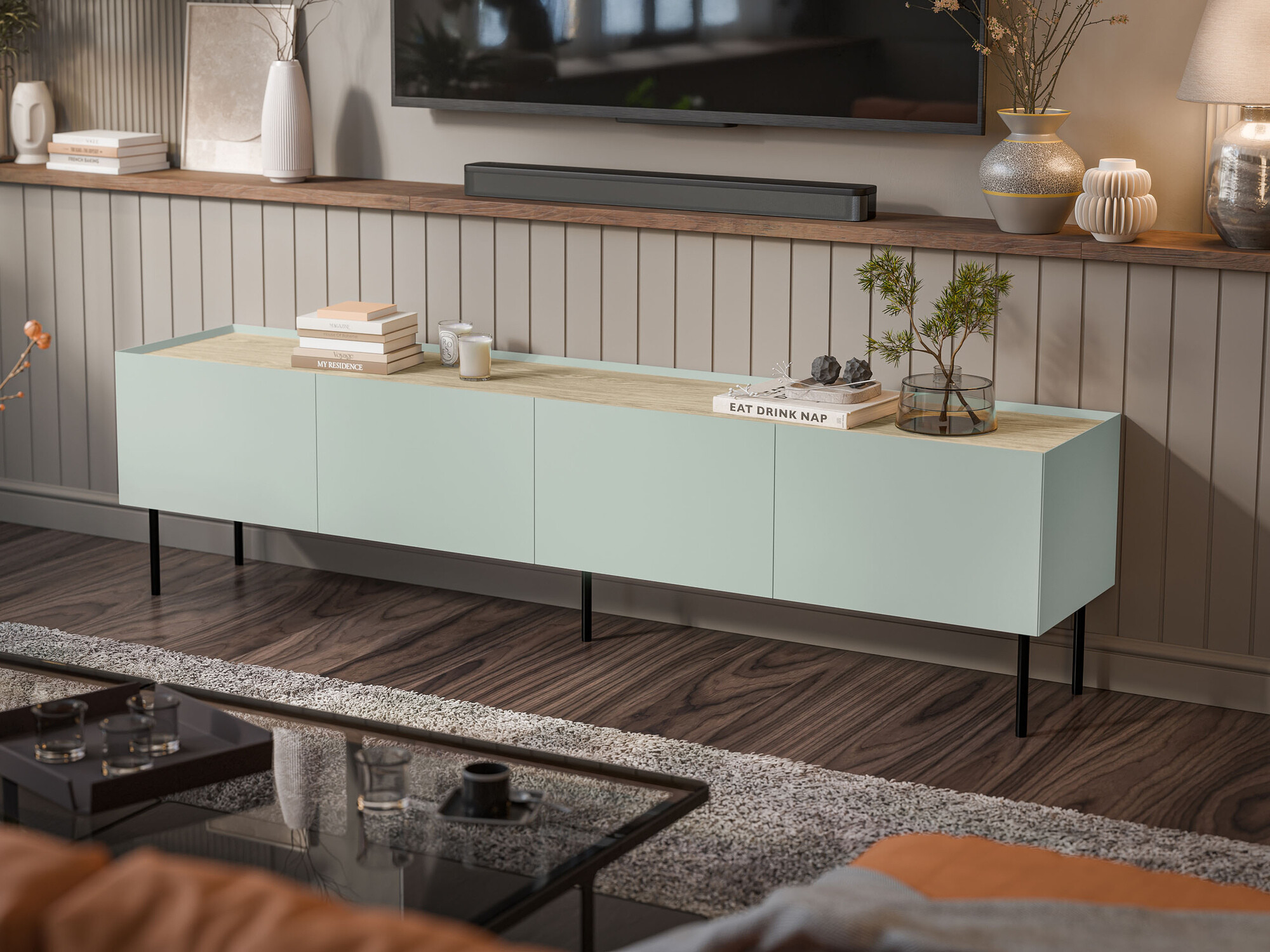 TV stand Melbela 107 (Light olive tree + Oak)
