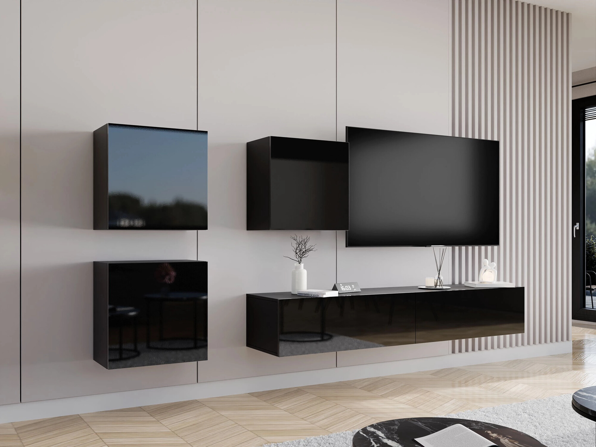Wall cabinet Vilrin I (Black + Glossy black)