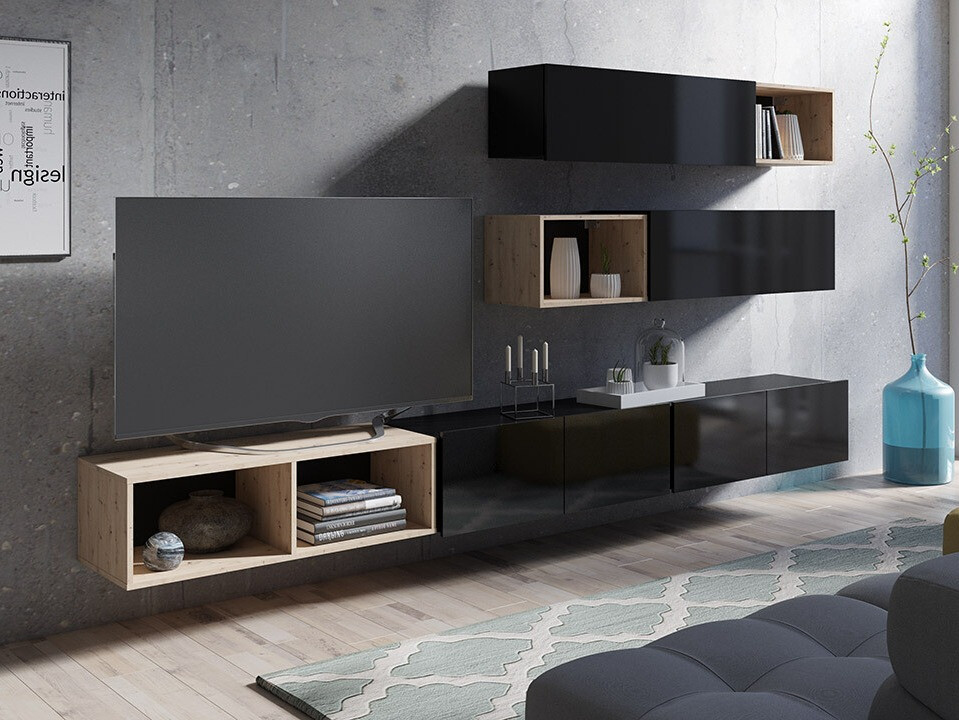 Living room set Remus XXV (Black + Glossy black + Artisan oak)
