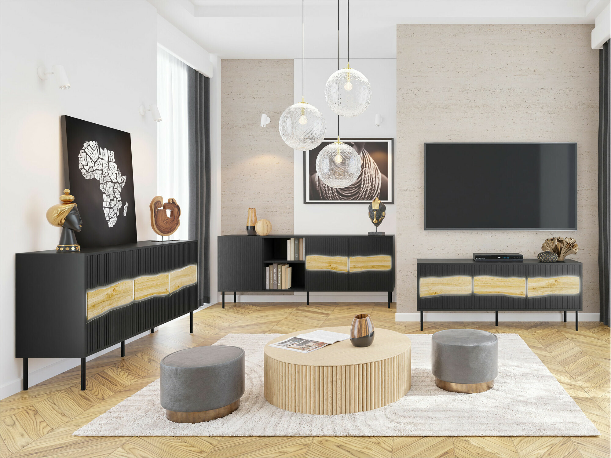 Living room set Monevare 105 (Black + Wotan Oak)