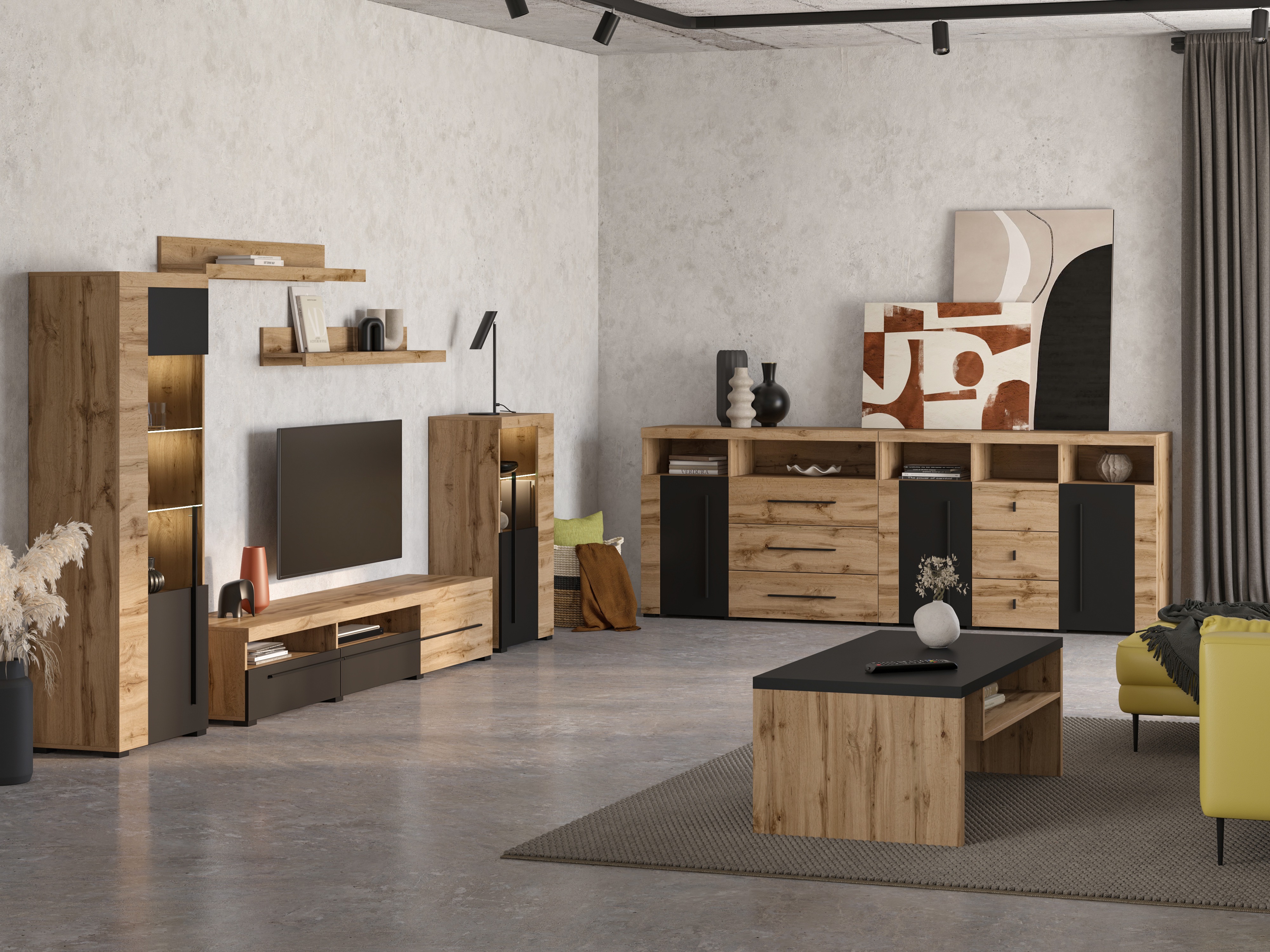 Chest of drawers Sorciro 102 (Black + Wotan Oak)