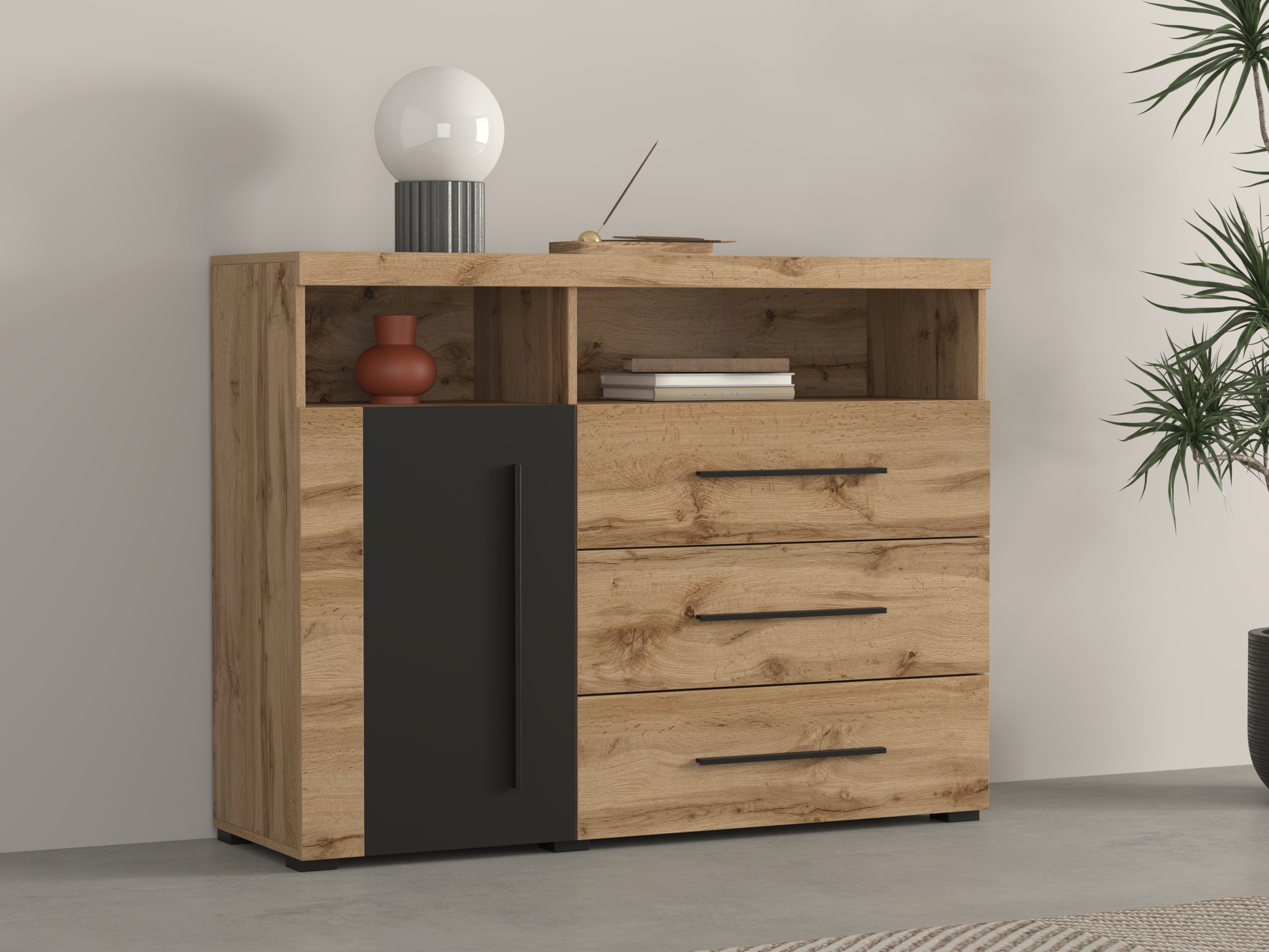 Chest of drawers Sorciro 102 (Black + Wotan Oak)