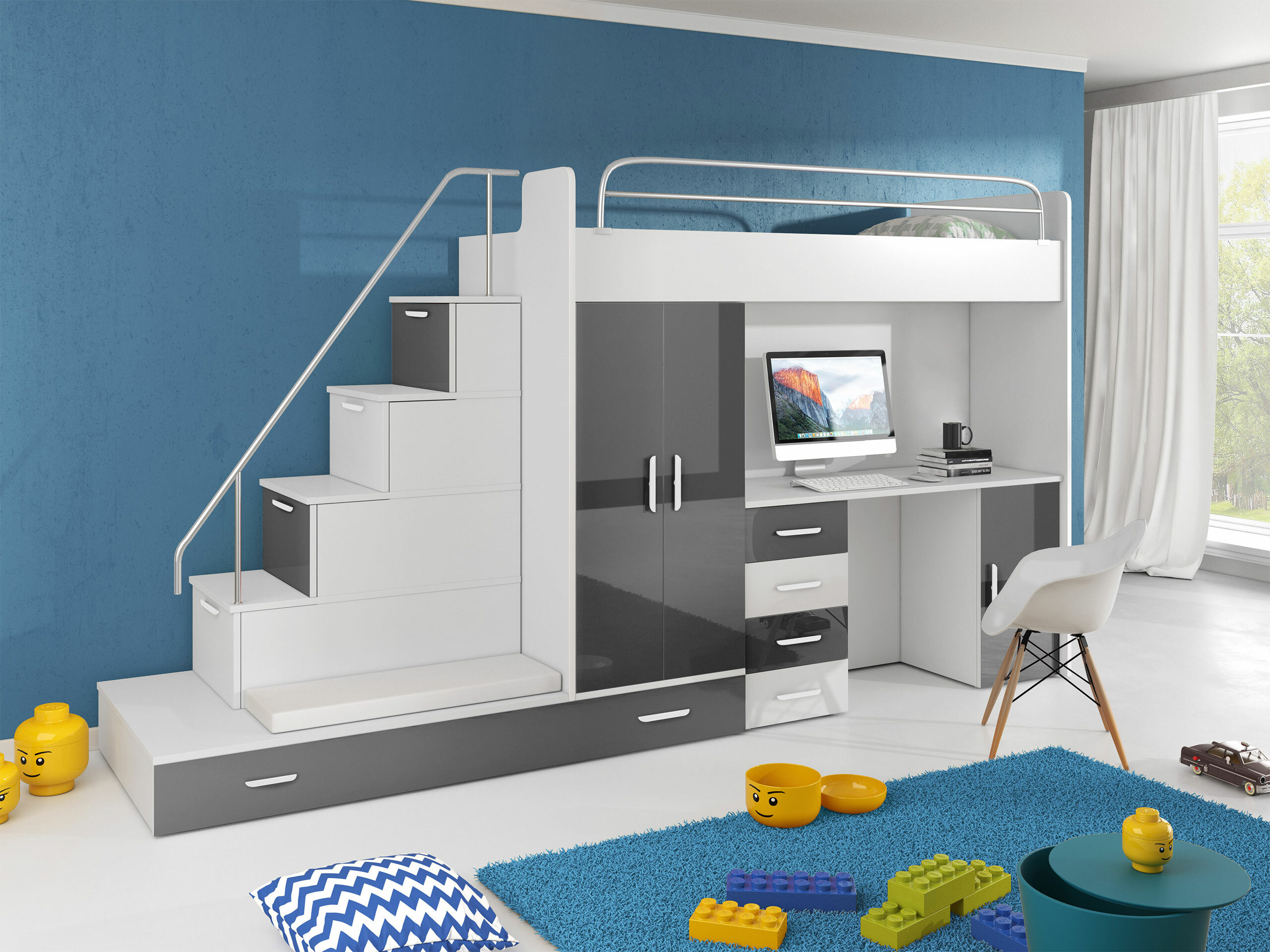 Children's room set Campus I (White + Glossy white + Gloss grey)