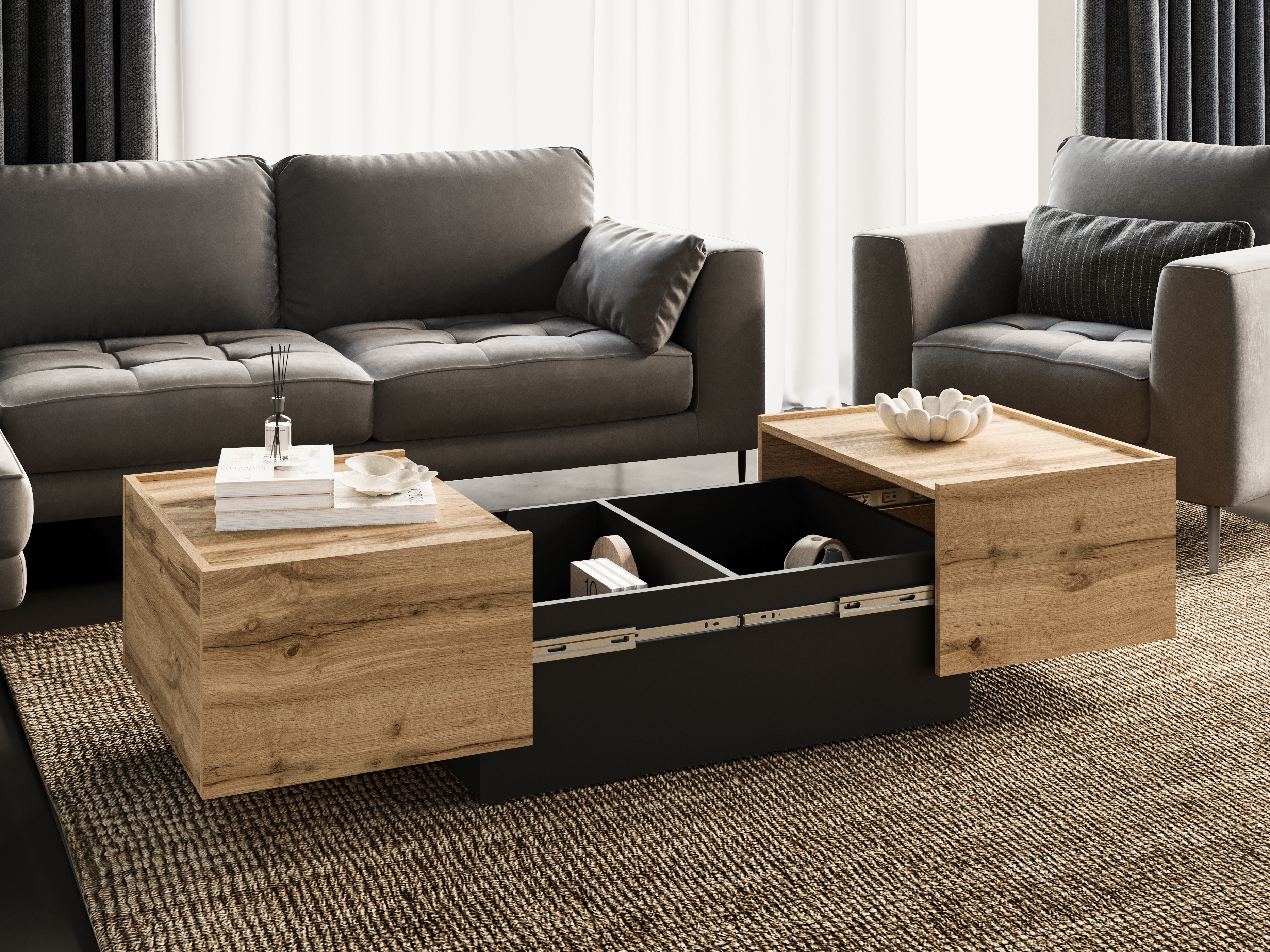 Transforming coffee table Austin 380 (Wotan Oak + Black)