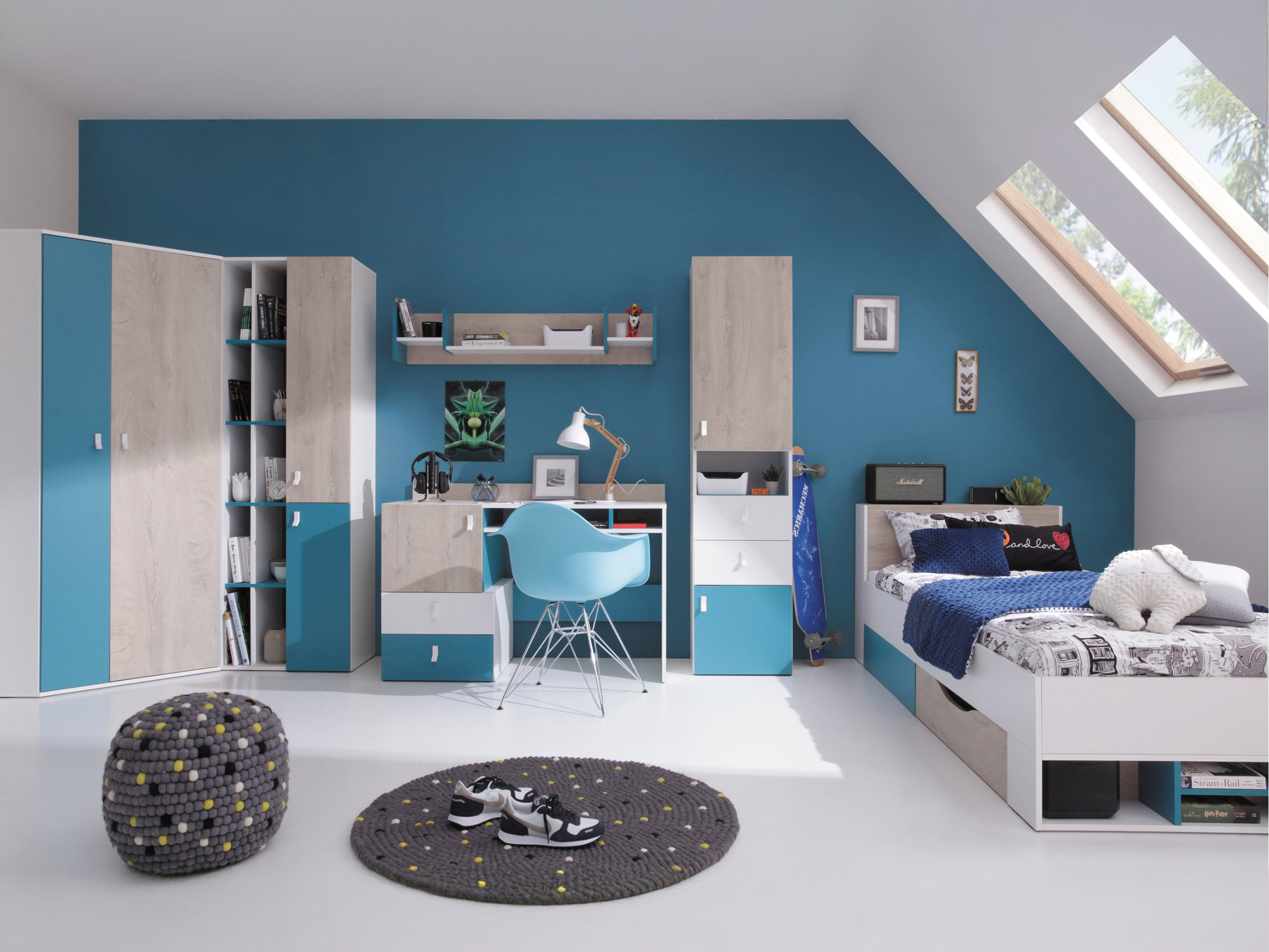 Bookcase Camteso 105 (White + Oak + Turquoise)