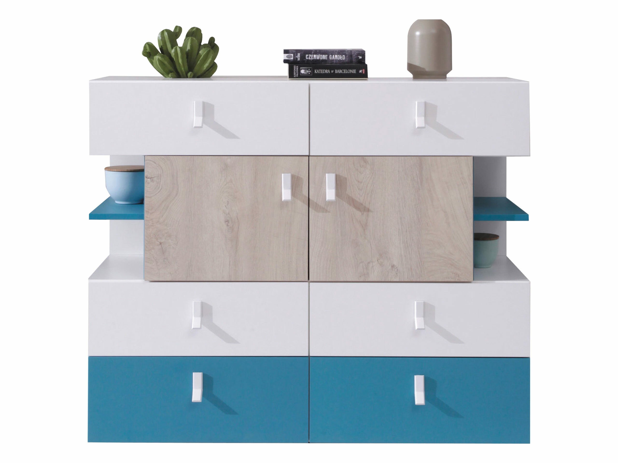 Chest of drawers Camteso 106 (White + Oak + Turquoise)