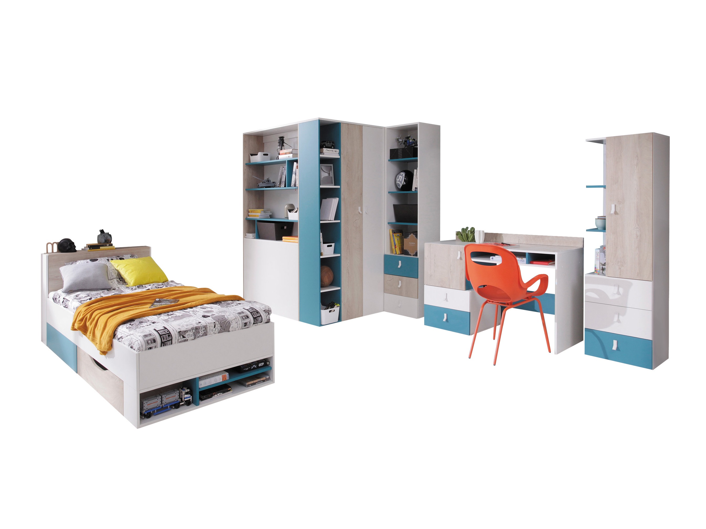 Children's room set Camteso 115 (White + Oak + Turquoise)