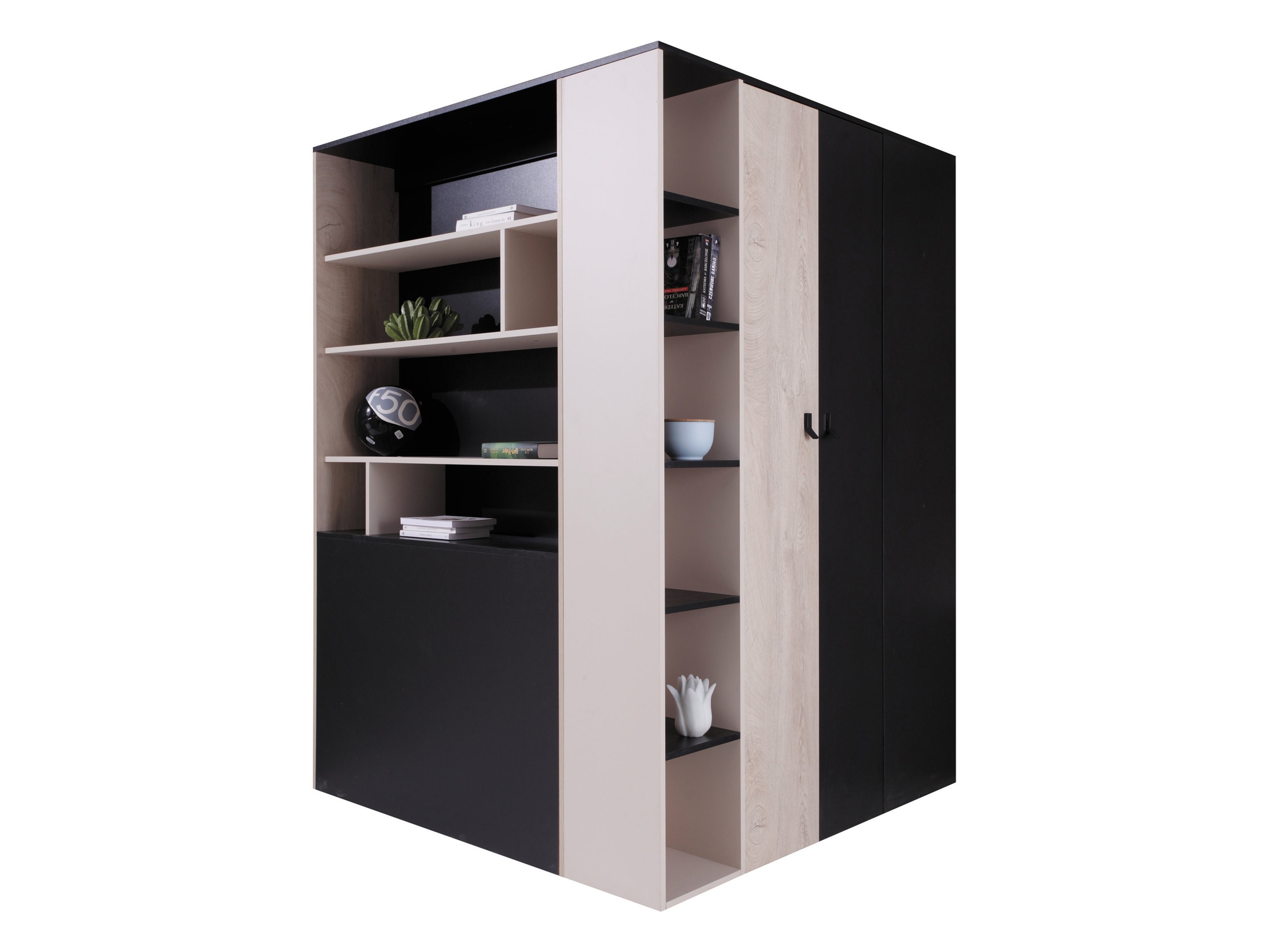 Corner wardrobe Camteso 113 (Black + Oak + Beige)