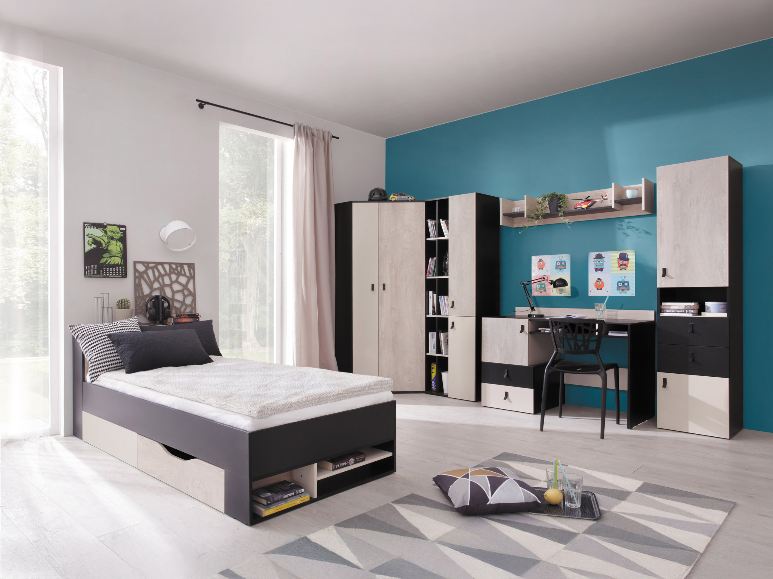 Wall shelf Camteso 111 (Black + Oak + Beige)