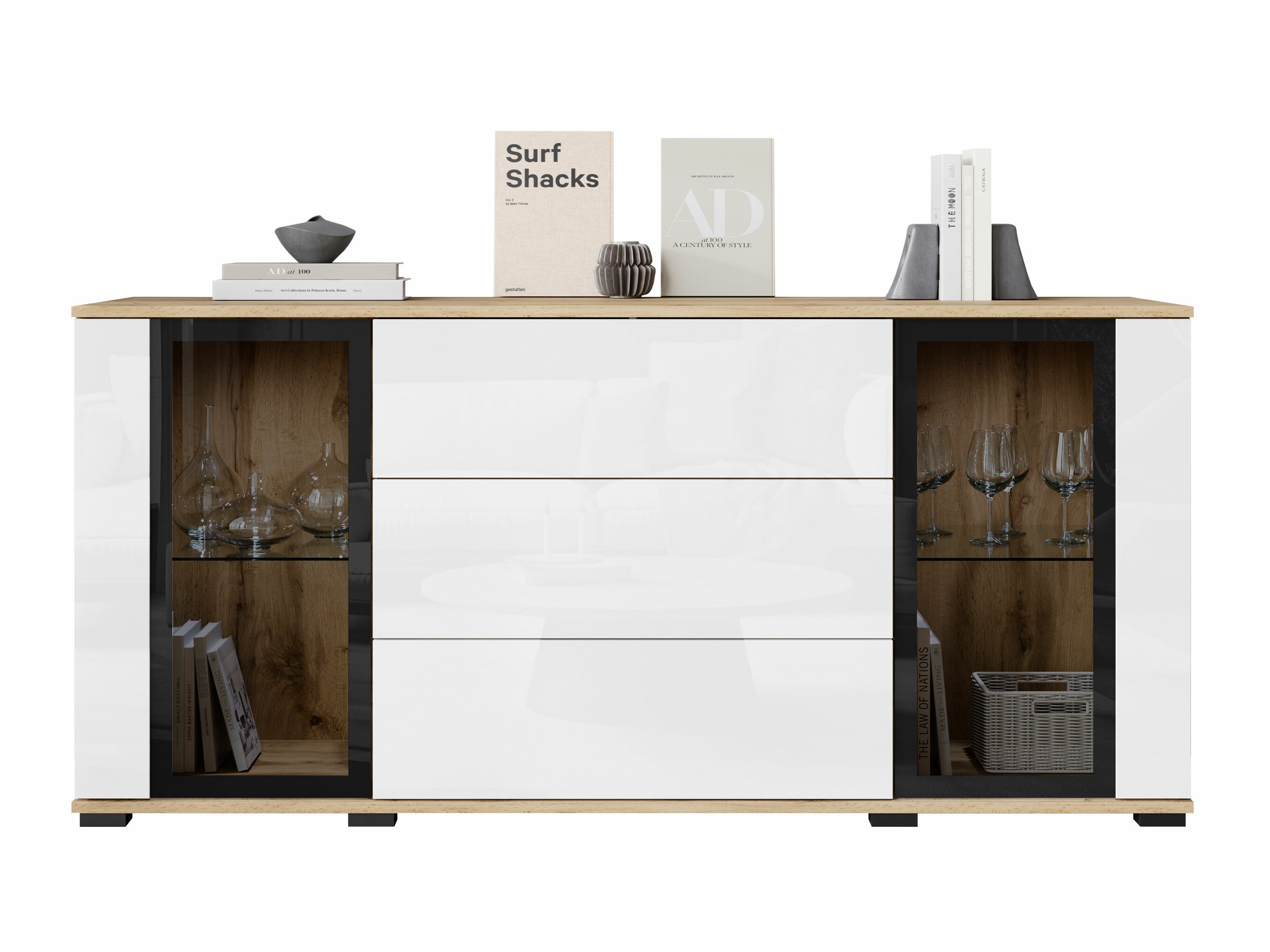 Chest of drawers Torcame 101 (Wotan Oak + Glossy white)