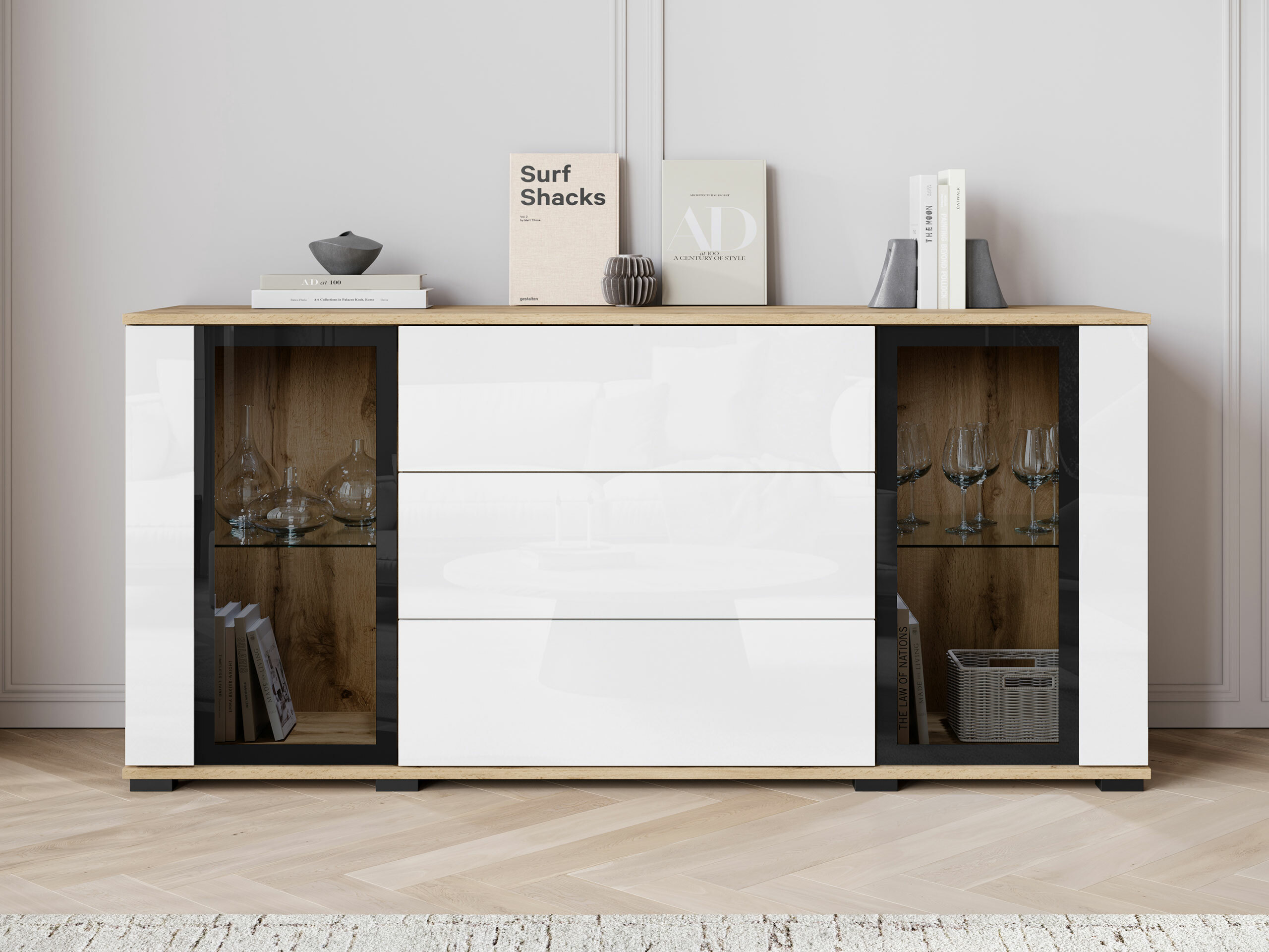 Chest of drawers Torcame 101 (Wotan Oak + Glossy white)