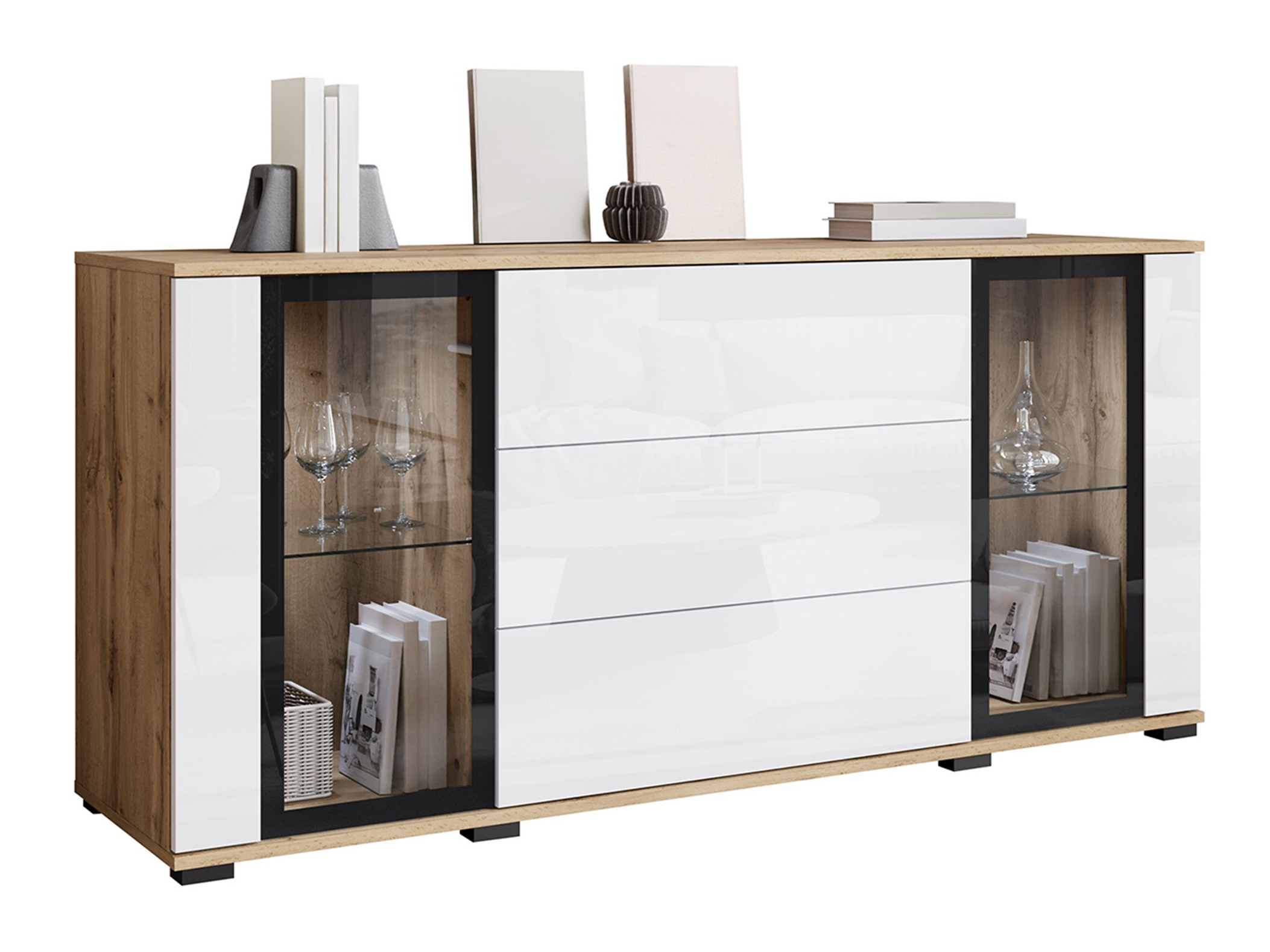 Chest of drawers Torcame 101 (Wotan Oak + Glossy white)