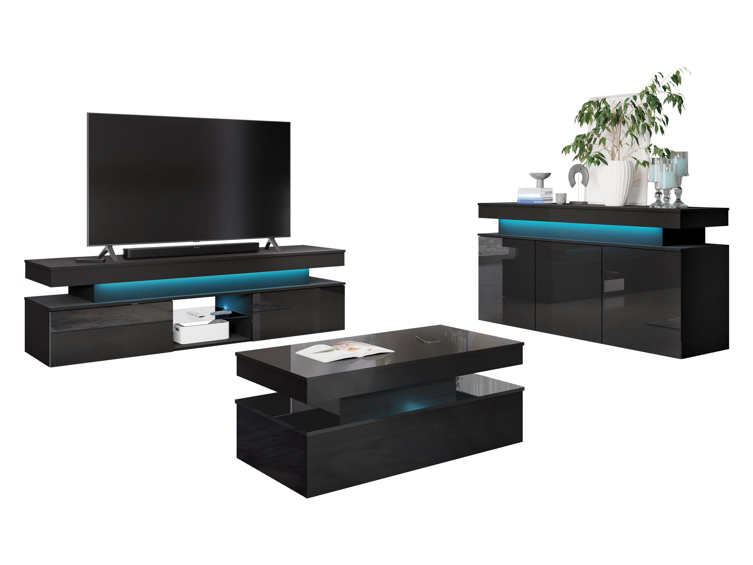 Living room set Monfero I (Black + Glossy black)