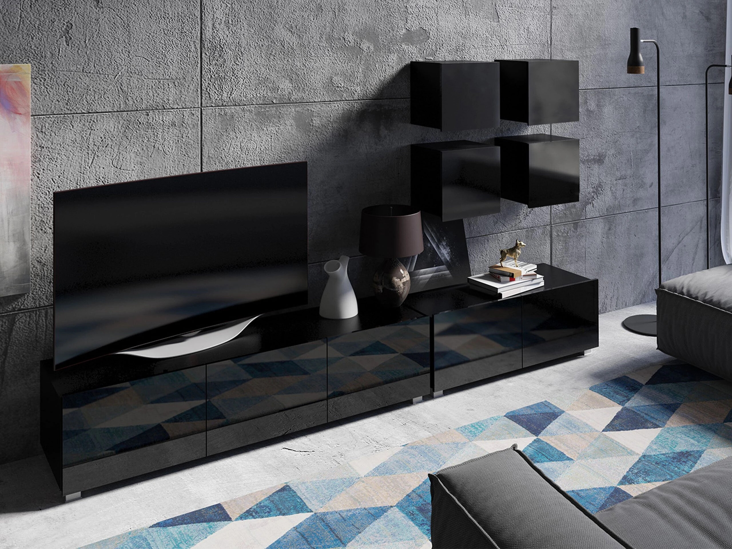 TV stand Remus I (Black + Glossy black)